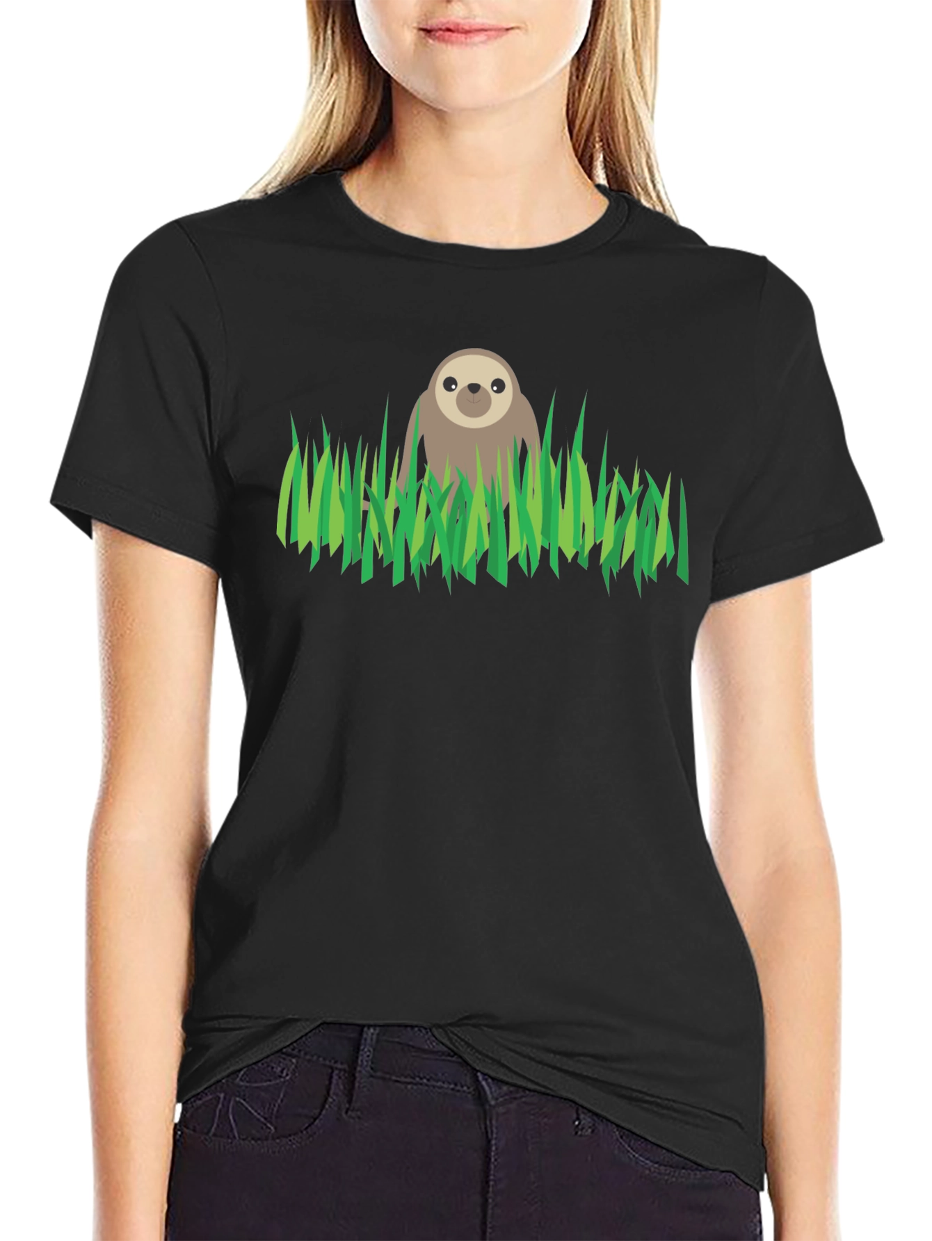 Black Sloth in Grass Graphic Tee - Black Cotton T-Shirt view 2