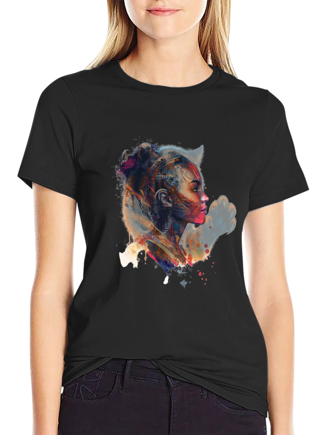 Black Abstract Woman Portrait Graphic Tee view 2