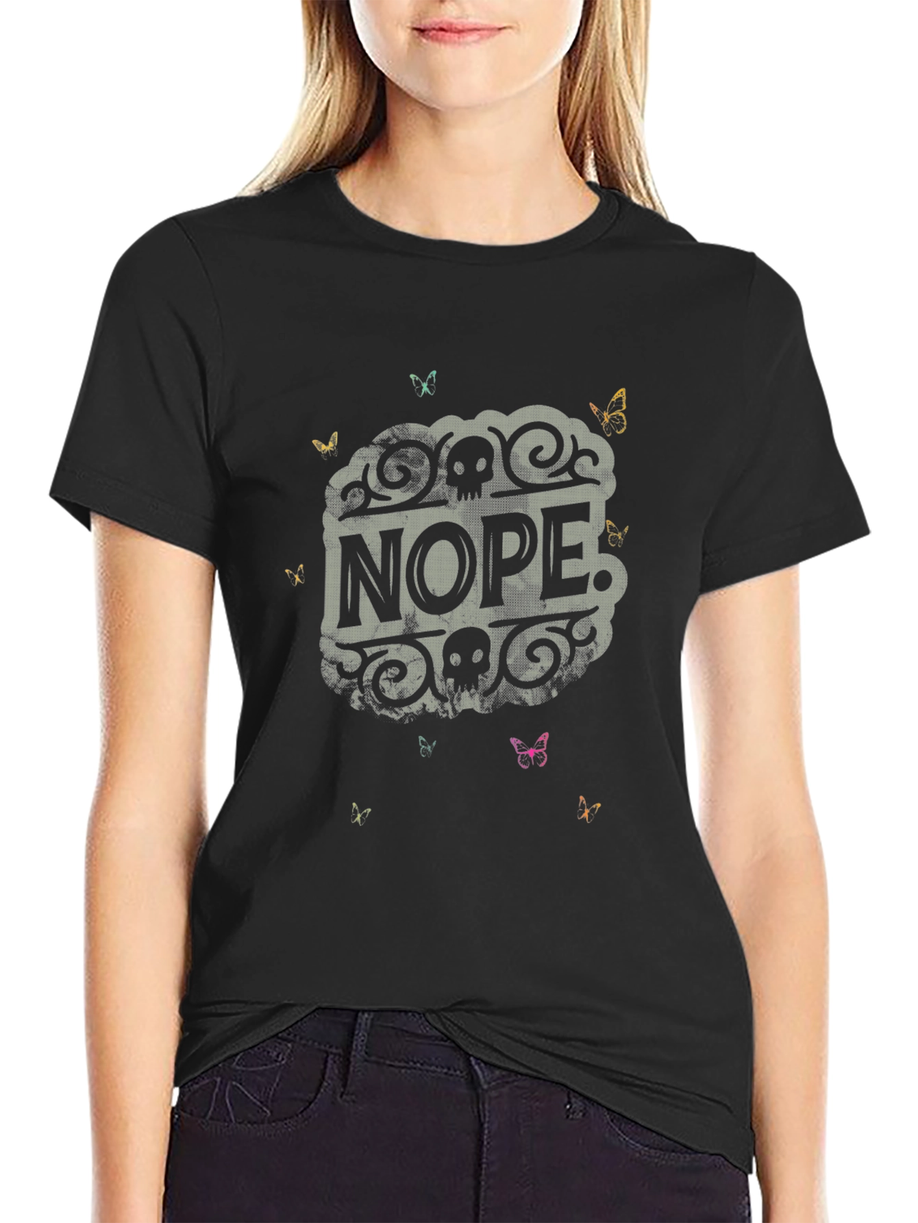 Black Nope Graphic Tee - Skull & Butterfly Design view 2