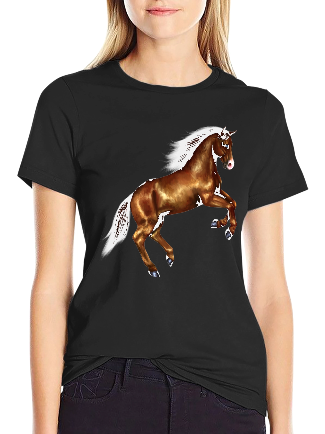 Black Horse Graphic Tee - Black Cotton Casual T-Shirt view 2
