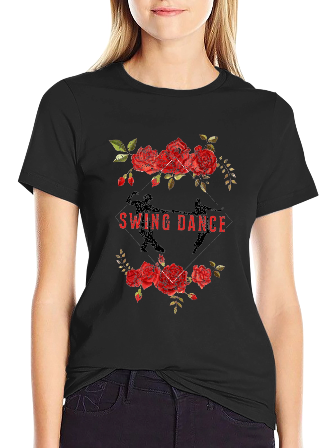 Black Swing Dance Floral Graphic Tee - Black view 2