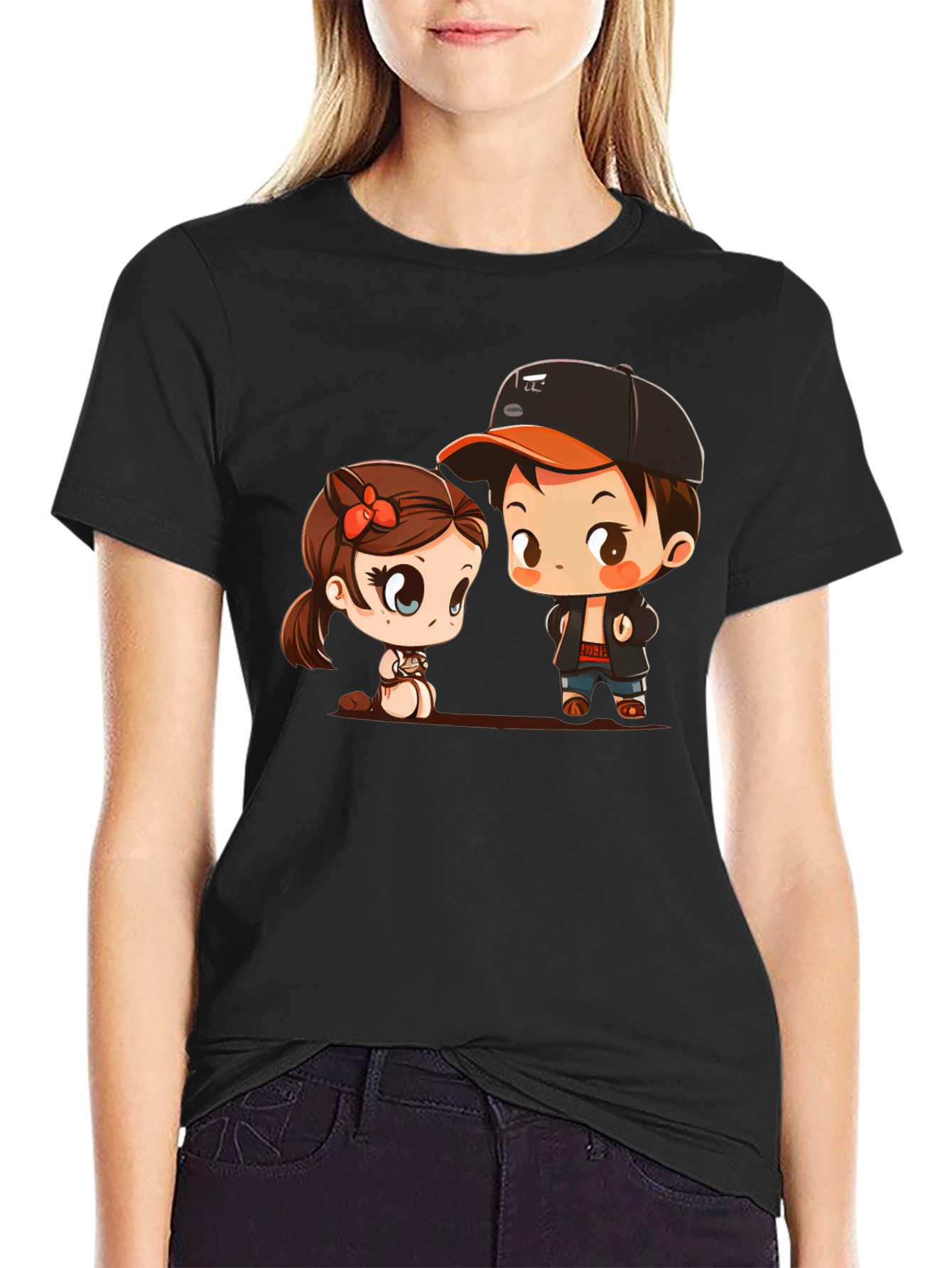 Black Cute Cartoon Couple Black T-Shirt view 2