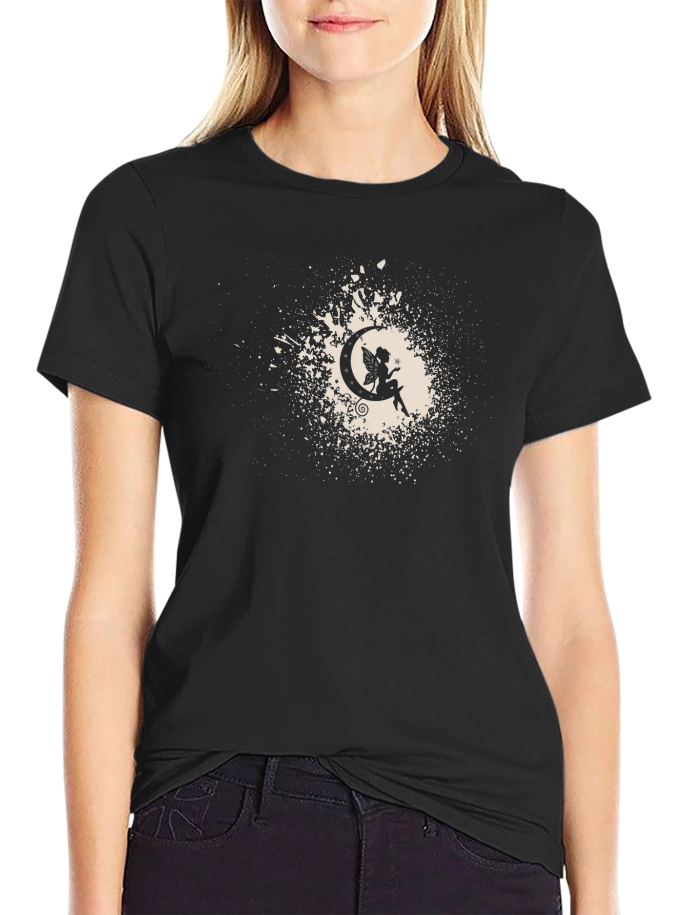 Black Moon Fairy Silhouette Black T-Shirt view 2