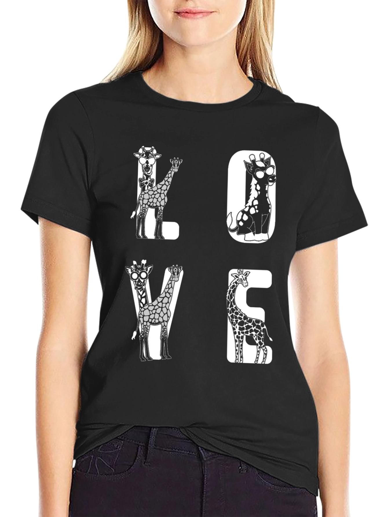 Black Giraffe LOVE Graphic Tee - Unique Animal Print Shirt view 2
