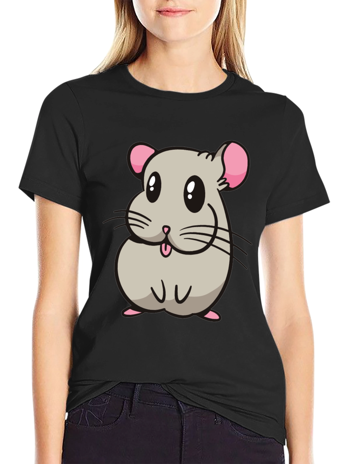 Black Cute Hamster Cartoon Graphic T-Shirt view 2