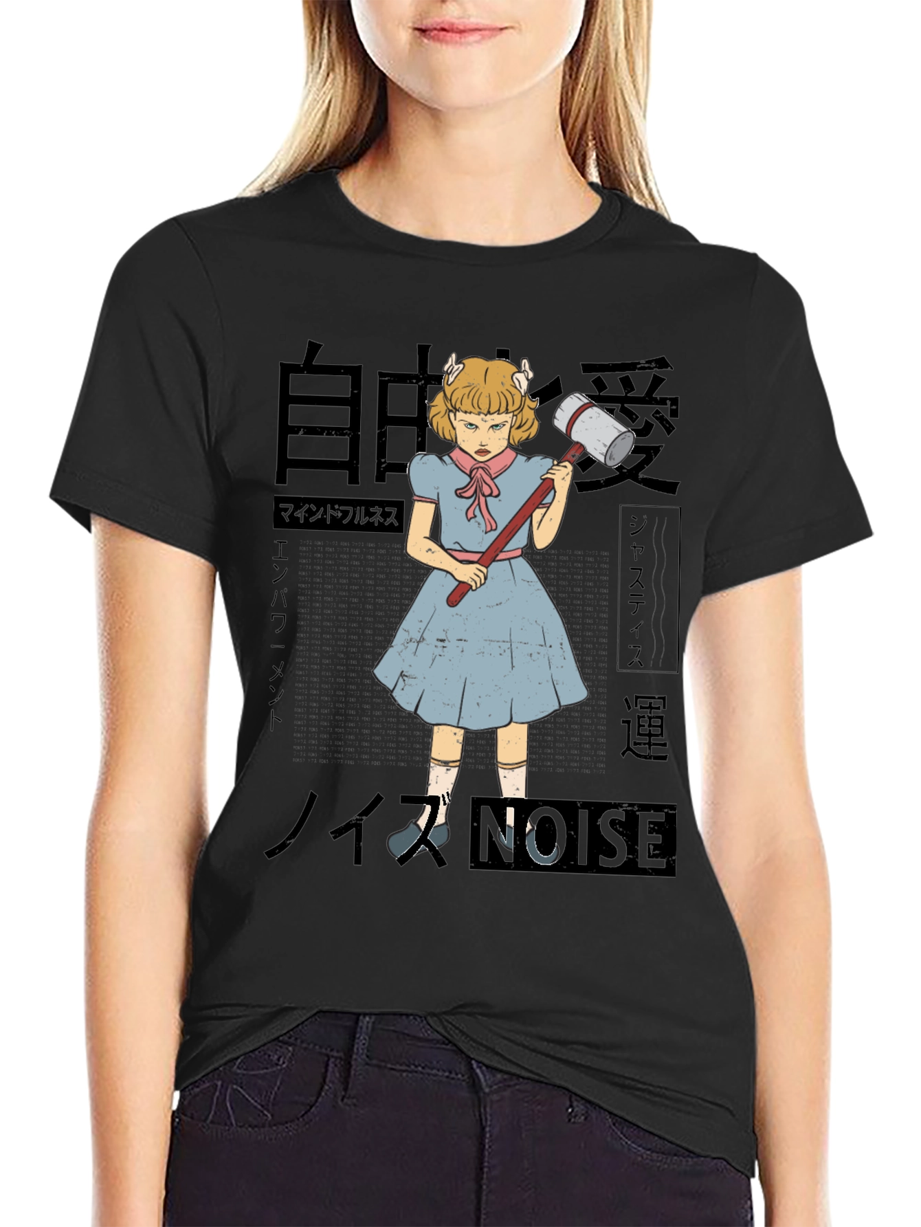 Black Anime Girl with Hammer Graphic Tee view 2