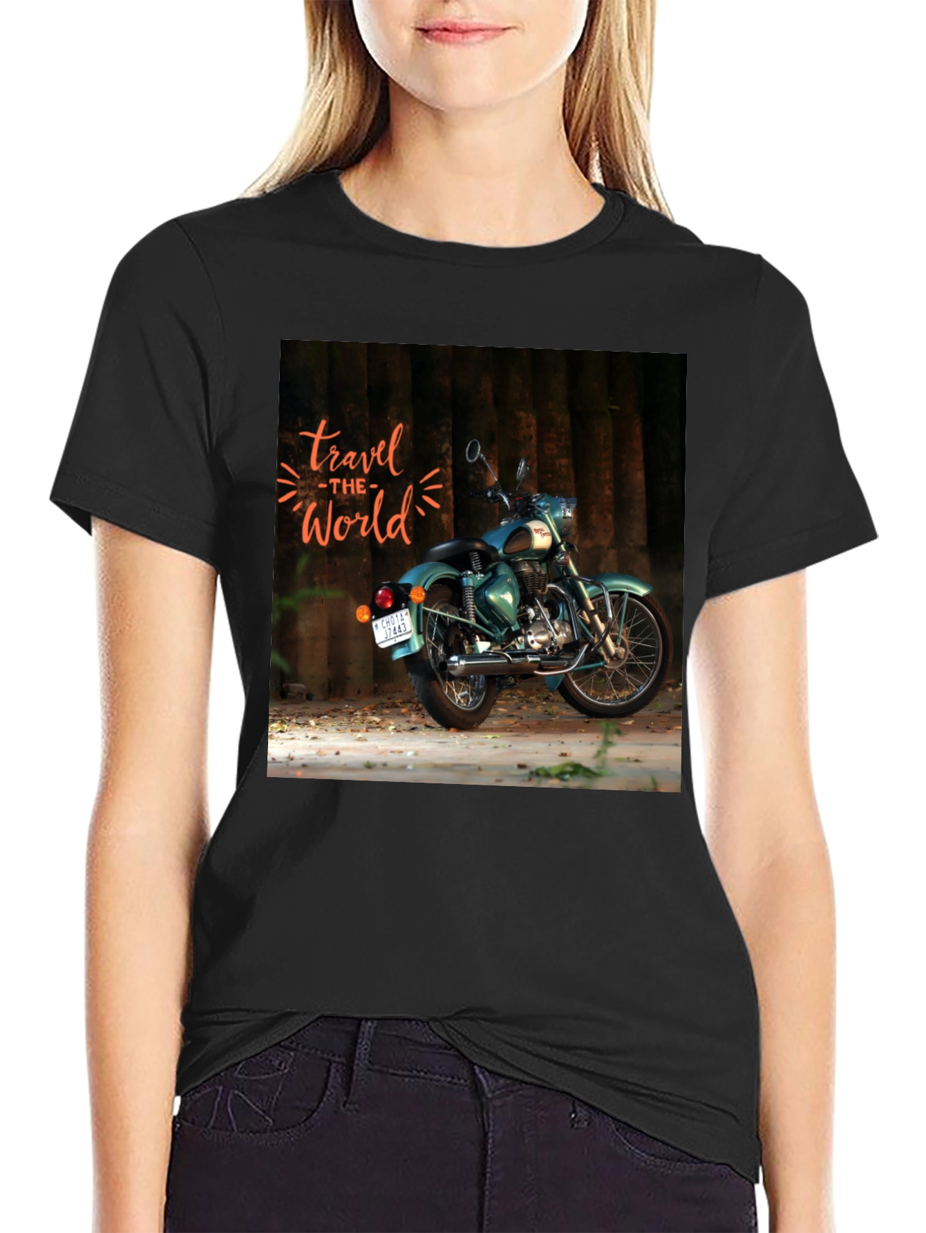 Black Travel the World Motorcycle Graphic T-Shirt view 2