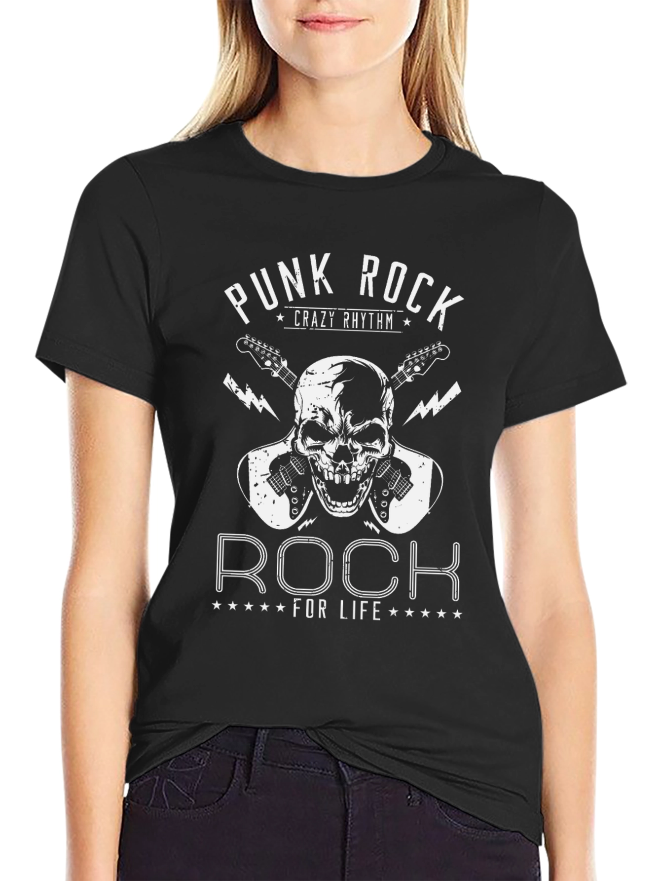Black Punk Rock Skull Graphic Tee view 2