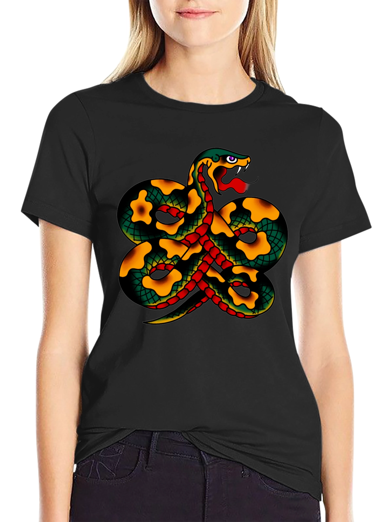 Black Snake Tattoo Style Graphic Black T-Shirt view 2