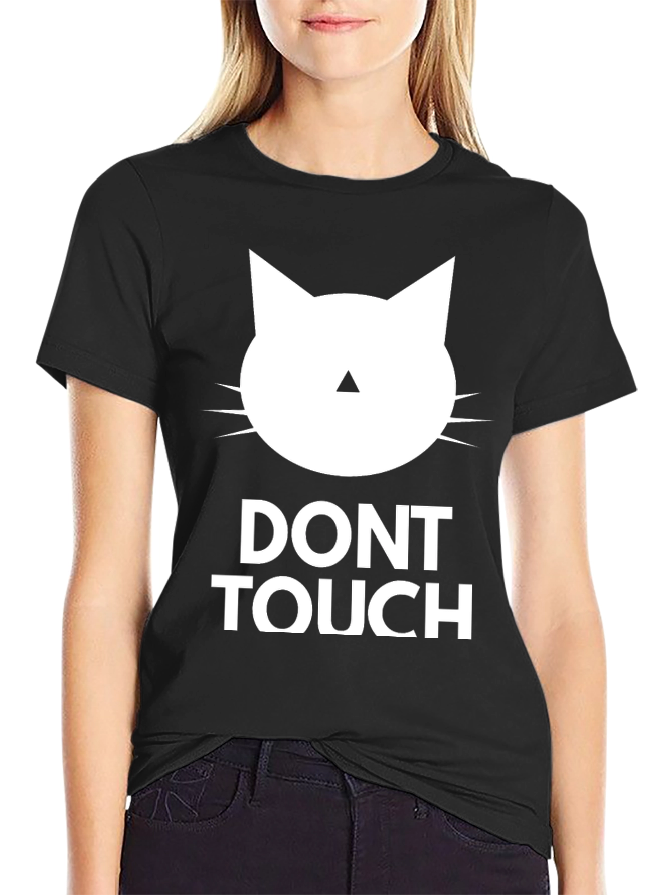 Black Don't Touch Cat Graphic Tee - Black Crew Neck view 2