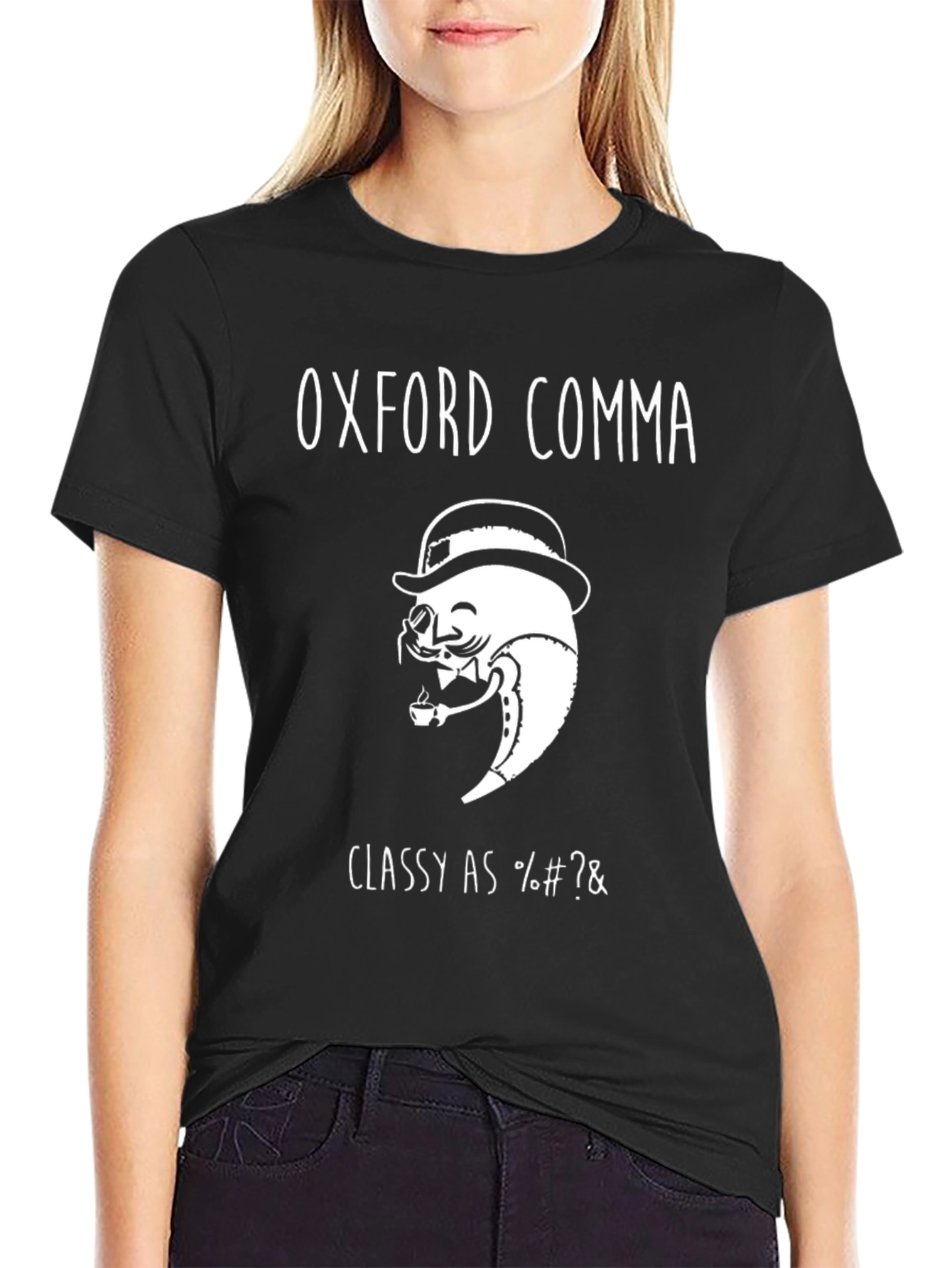 Black Oxford Comma T-Shirt - Classy Grammar Humor view 2