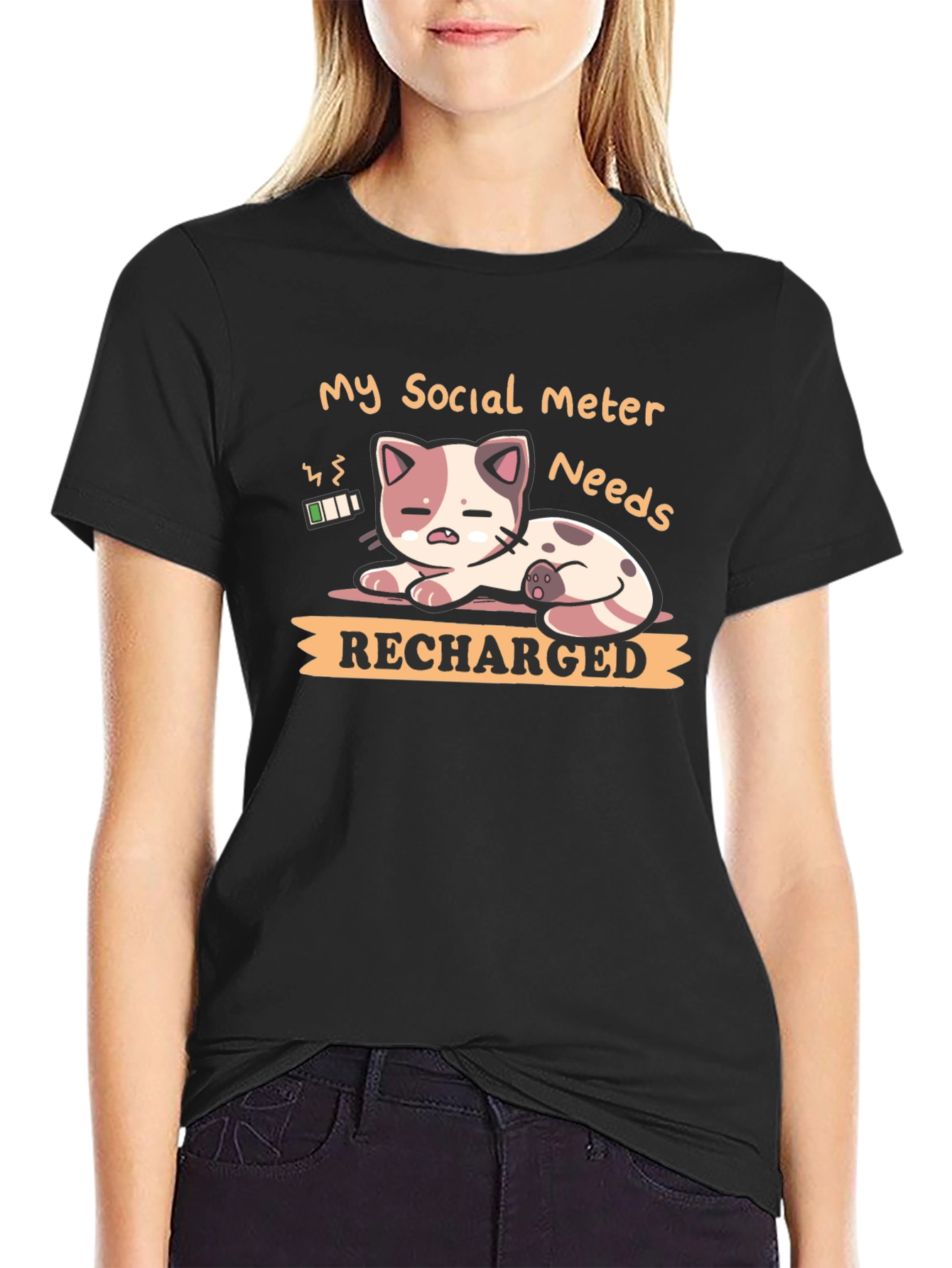 Black Social Meter Recharge Cat Graphic T-Shirt view 2