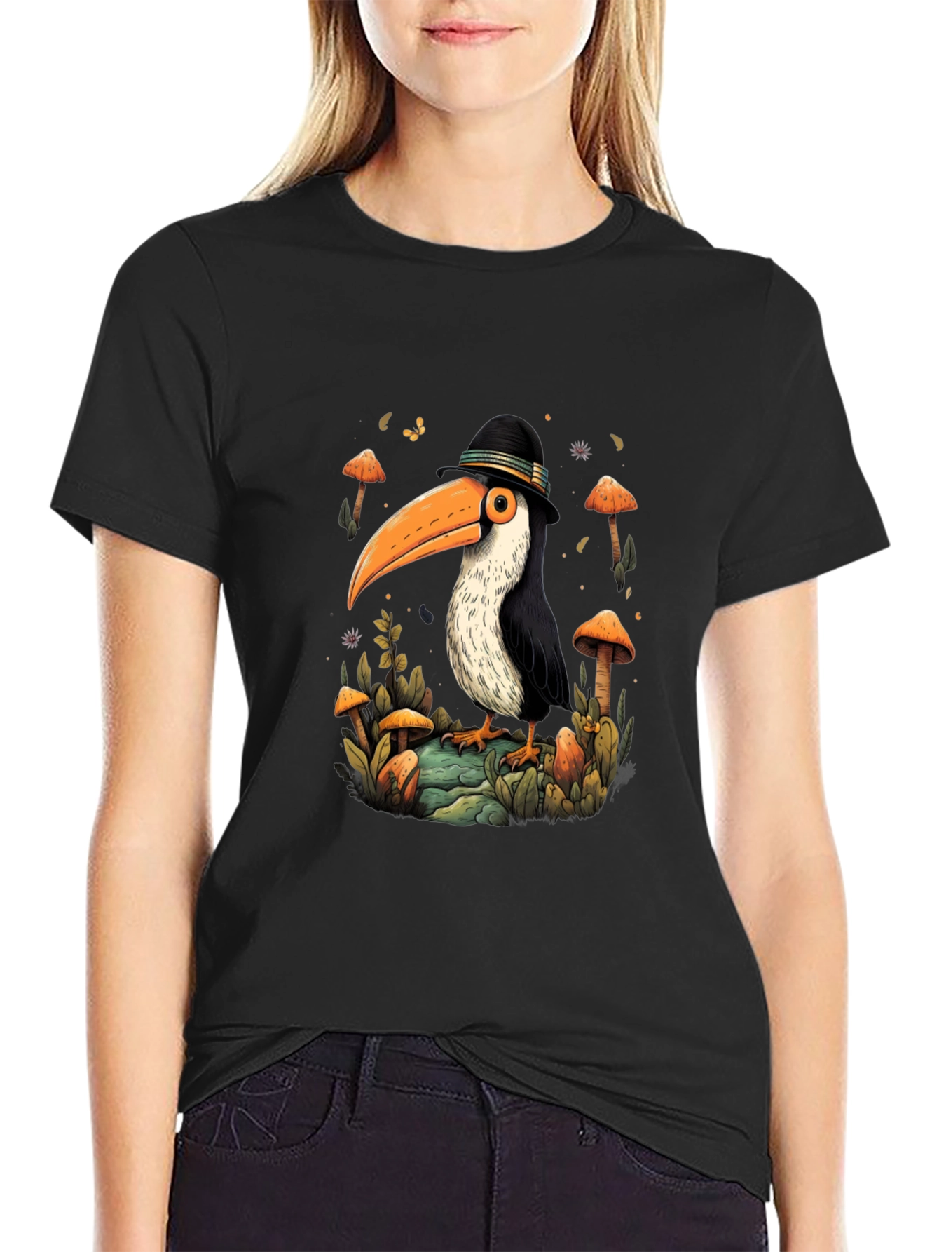 Black Whimsical Toucan T-Shirt - Mushroom Forest Design view 2