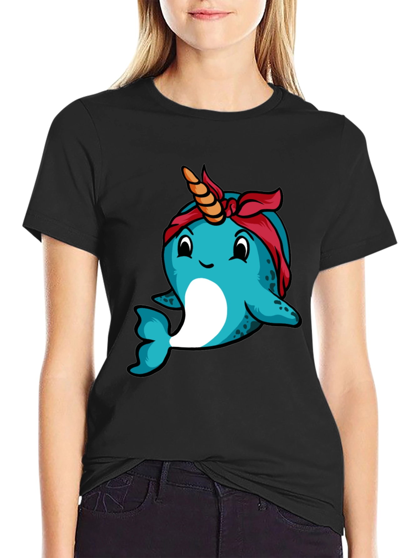 Black Narwhal T-Shirt: Unique Cartoon Bandana Graphic Tee view 2
