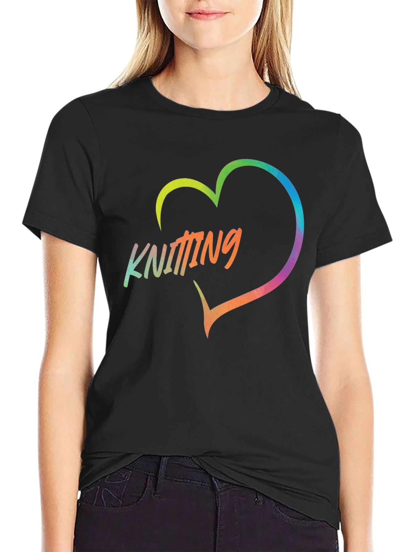 Black Knitting Heart T-Shirt - Rainbow Knit Lover Tee view 2