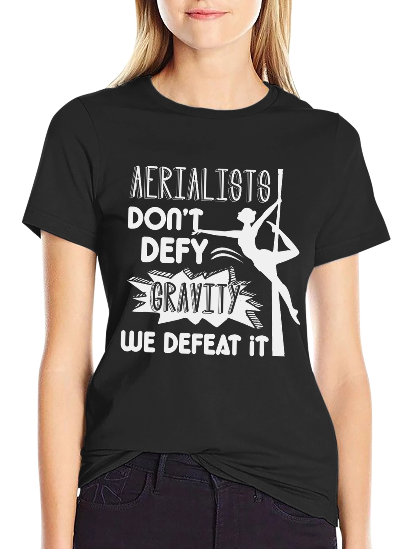 Black Aerialist Defeat Gravity Graphic Tee - Black Cotton T-Shirt view 2