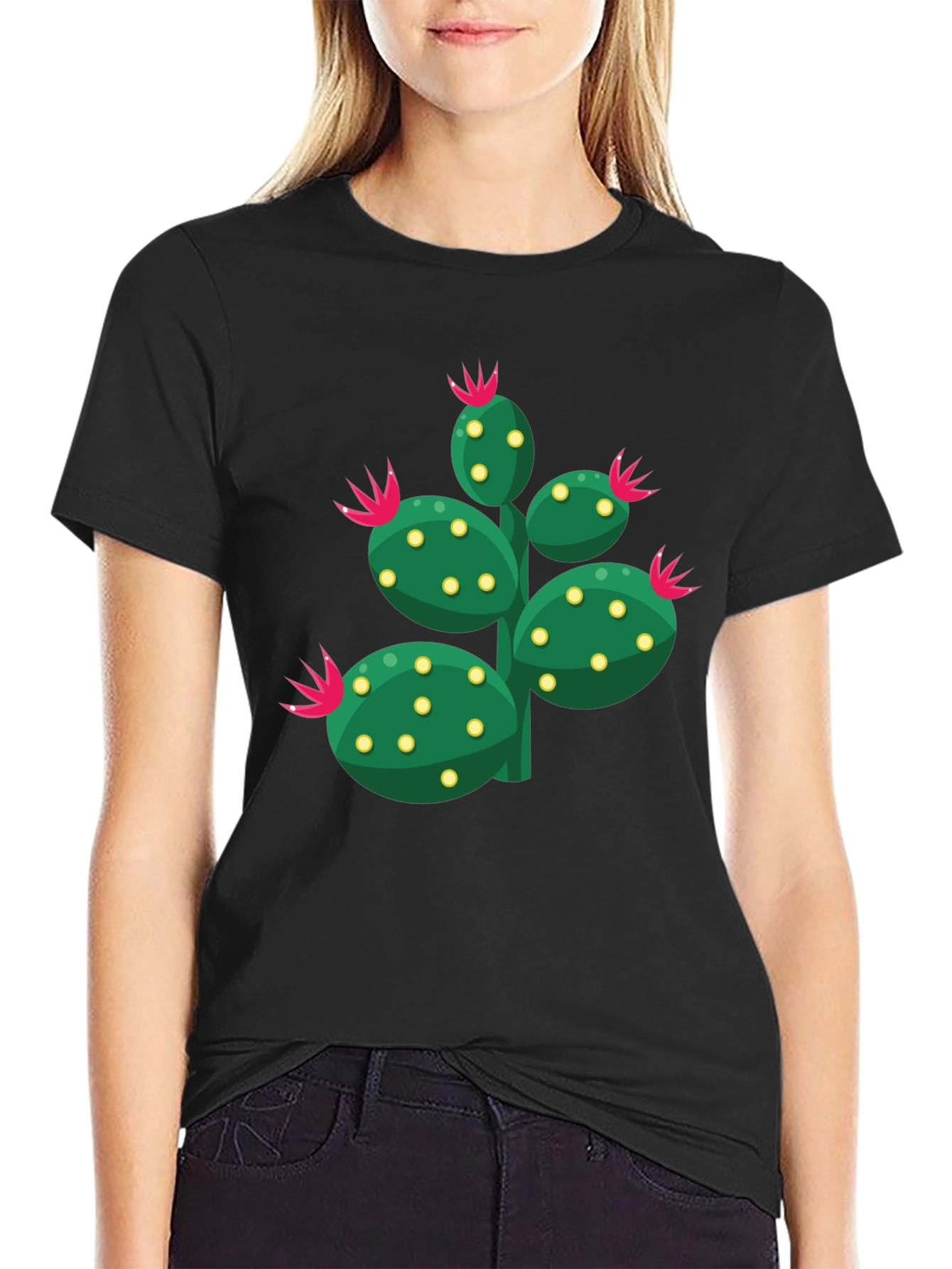 Black Cactus Graphic Print Crew Neck T-Shirt view 2