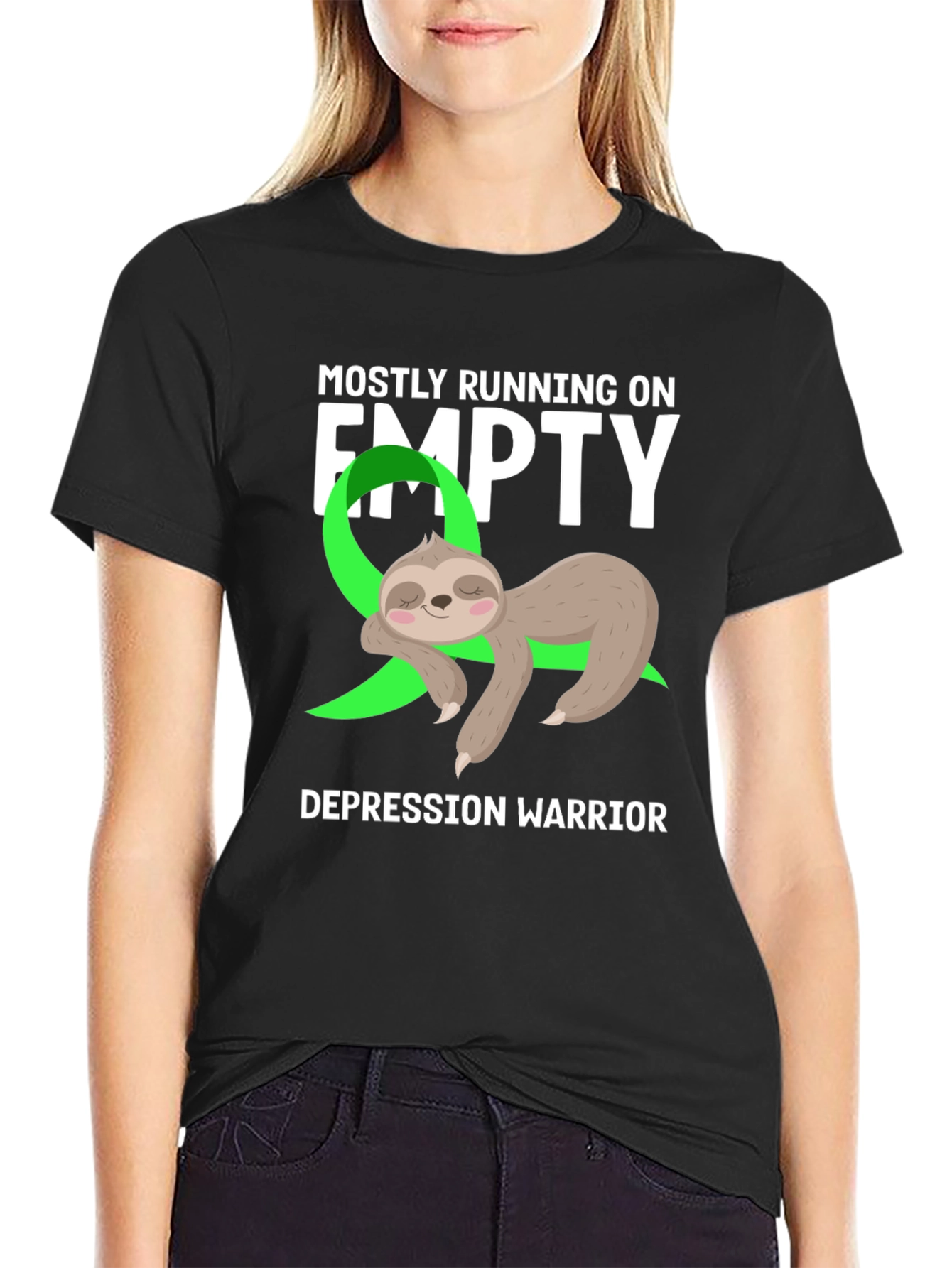 Black Mostly Running on Empty Depression Warrior Sloth Tee view 2