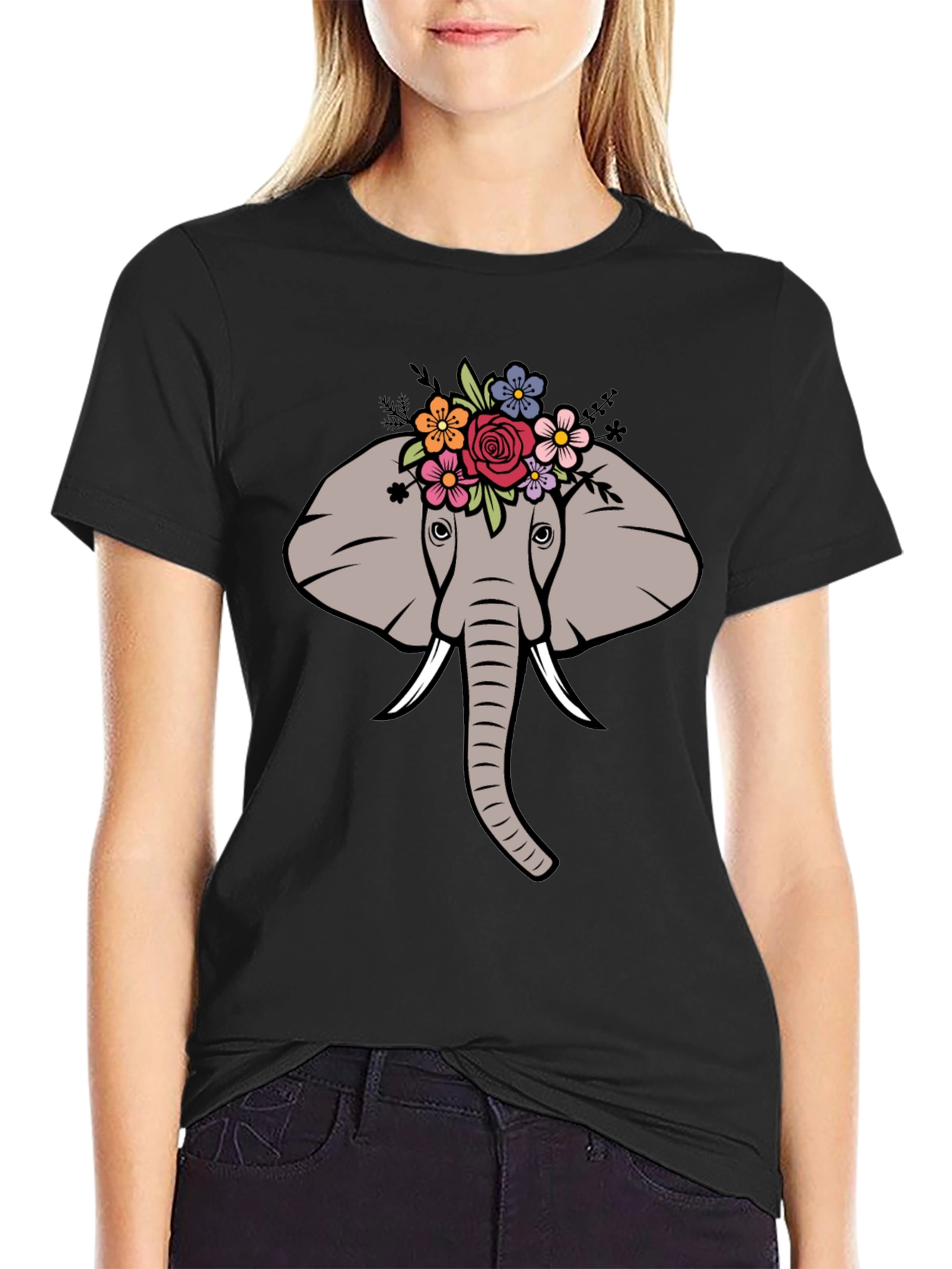 Black Floral Elephant Graphic Tee - Men's Black T-Shirt view 2