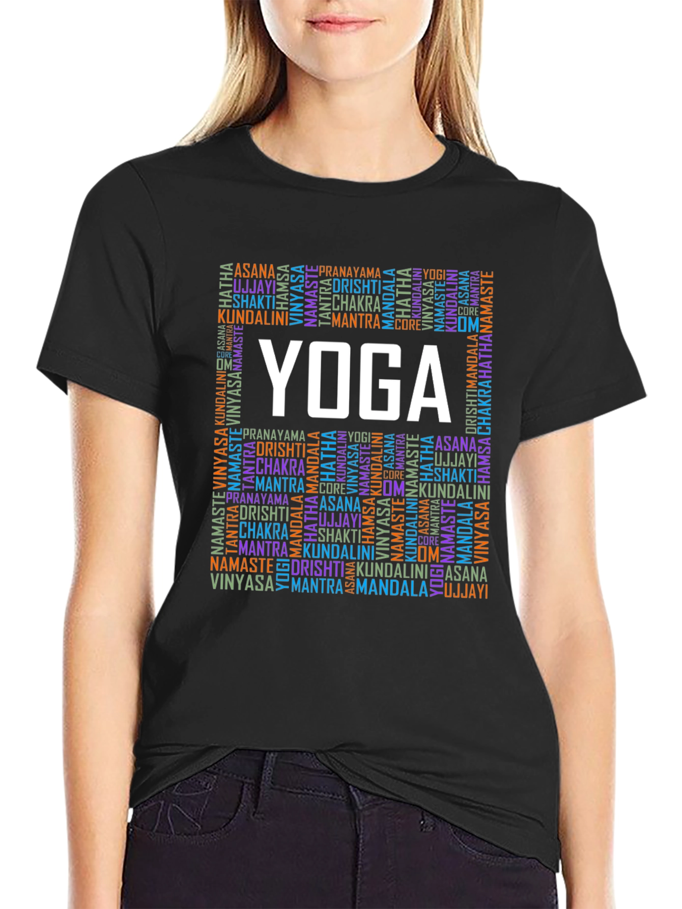 Black Yoga Word Art Graphic Tee - Asana Chakra Mantra Shirt view 2