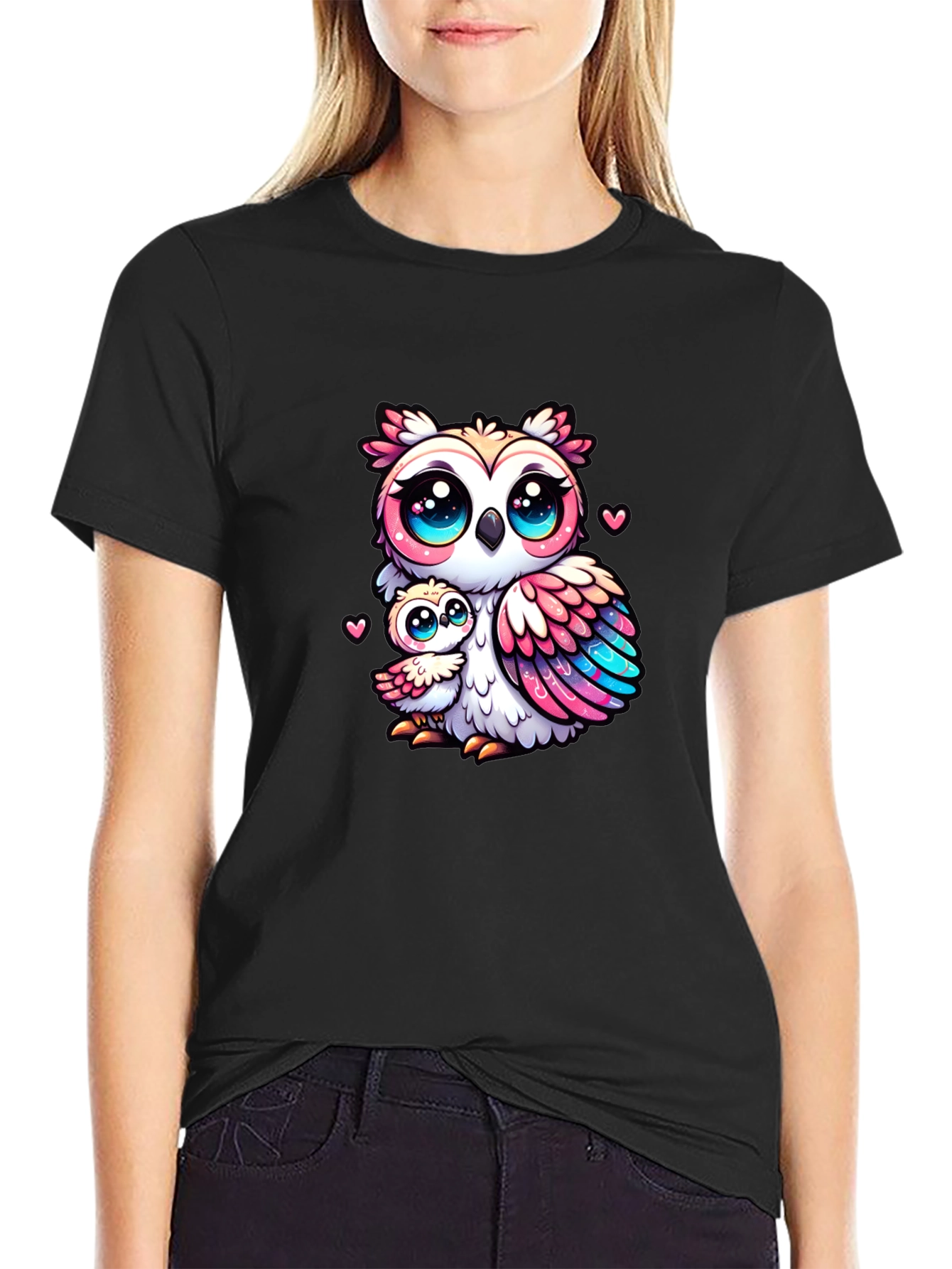 Black Cute Owl Family Graphic Tee - Black Cotton Shirt view 2