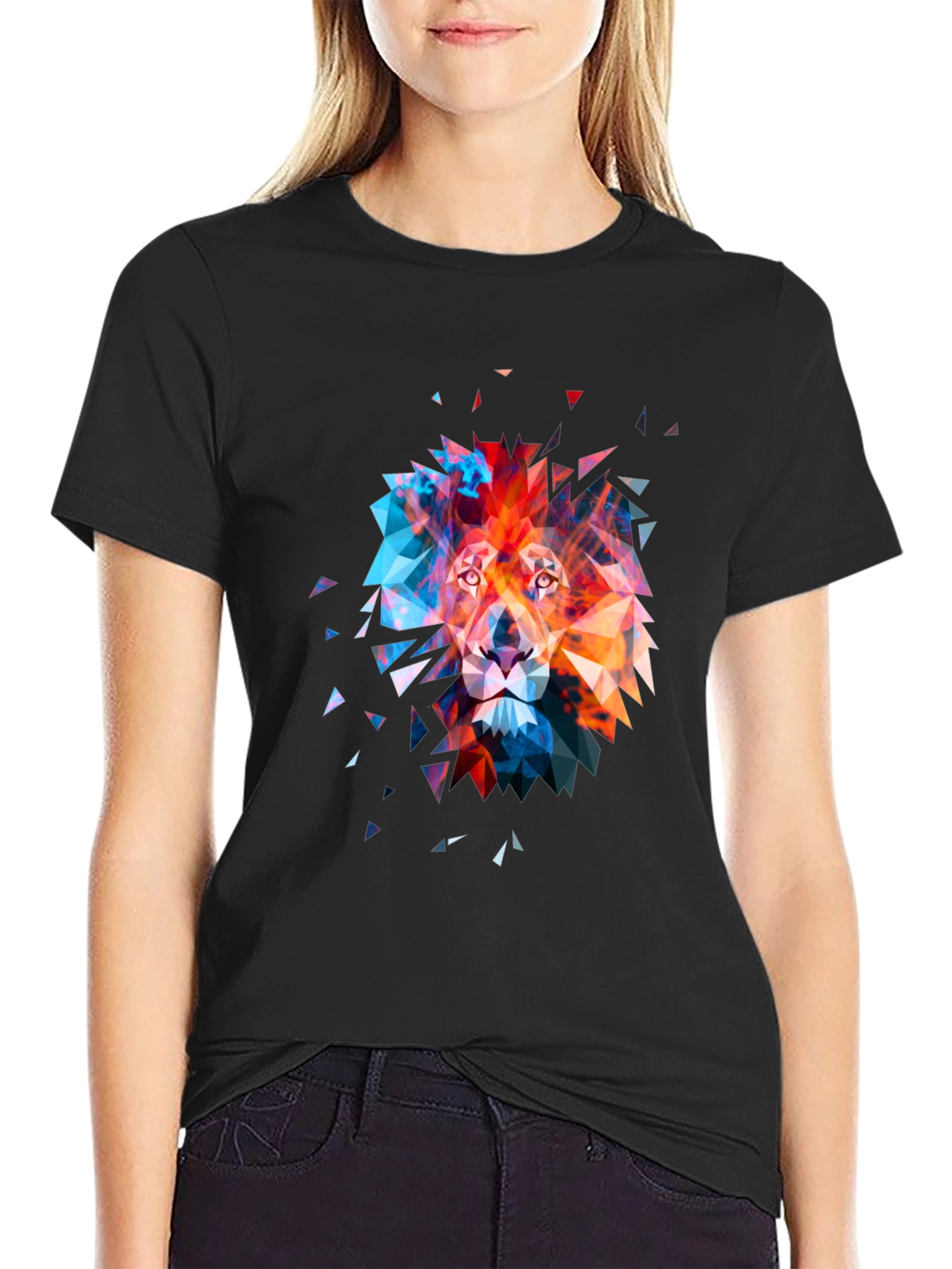 Black Geometric Lion Graphic Tee - Modern Art T-Shirt view 2