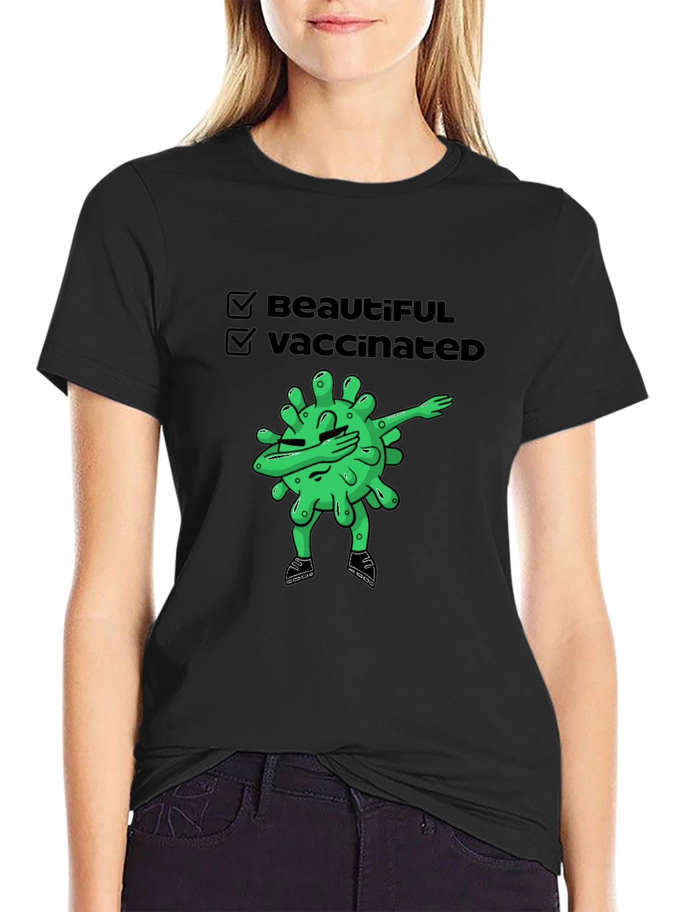 Black Beautiful & Vaccinated Cartoon Graphic T-Shirt view 2