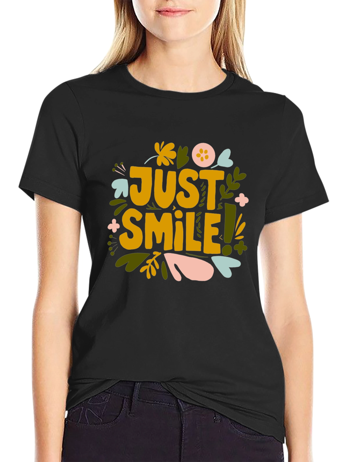 Black Just Smile Graphic Tee - Black Cotton Comfort view 2