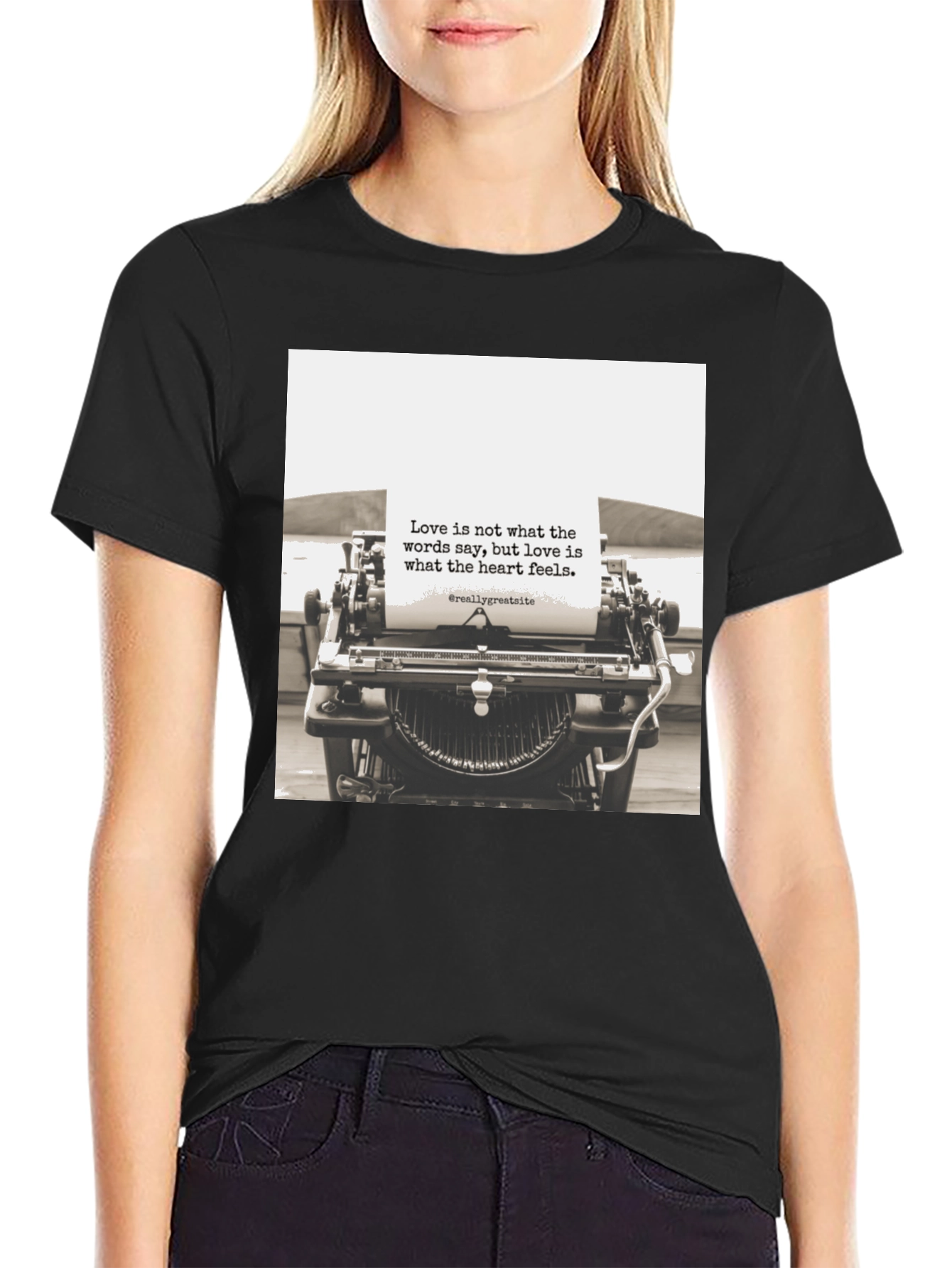 Black Love Quote Typewriter Graphic Tee - Unisex Black T-Shirt view 2