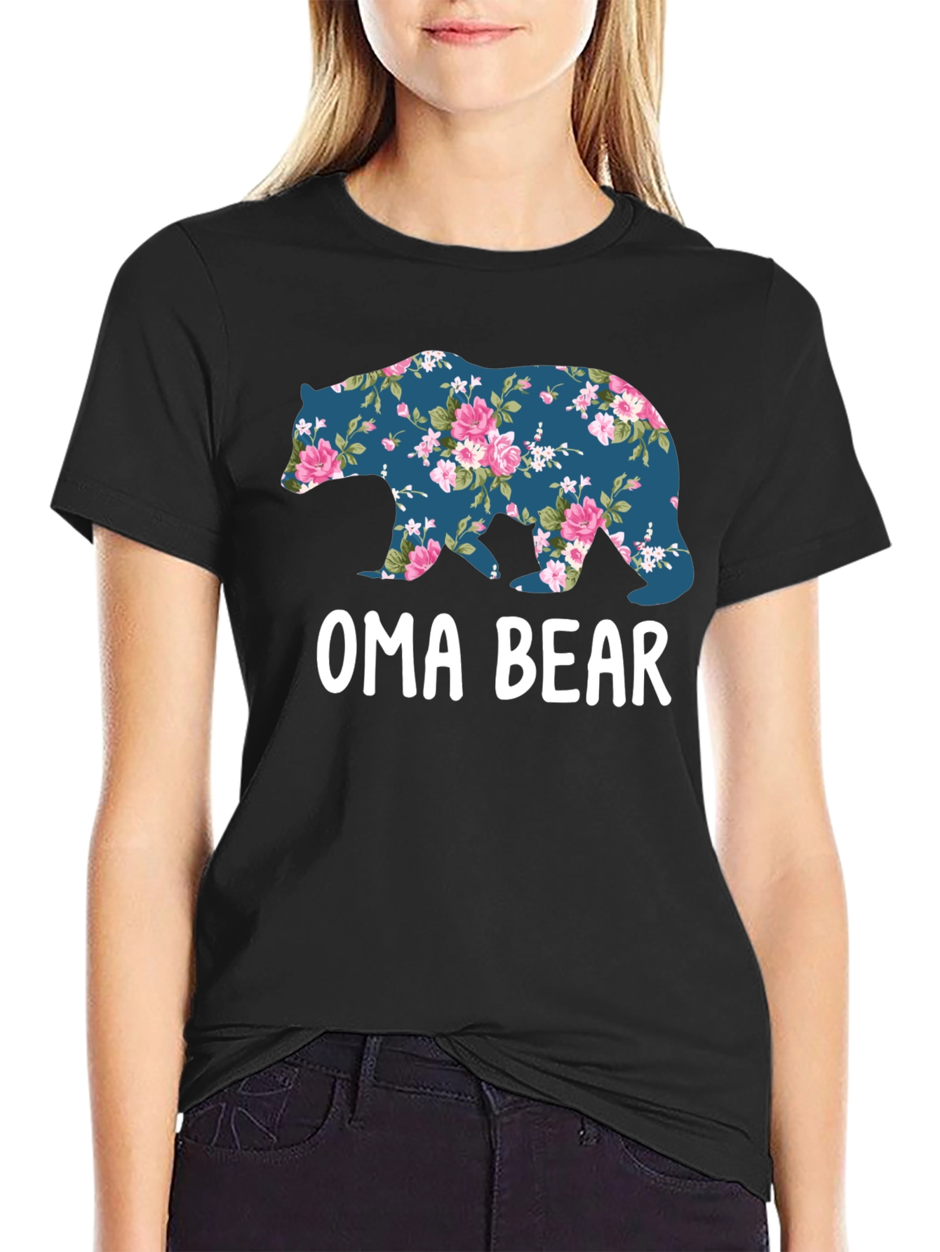 Black Oma Bear Floral Print T-Shirt view 2