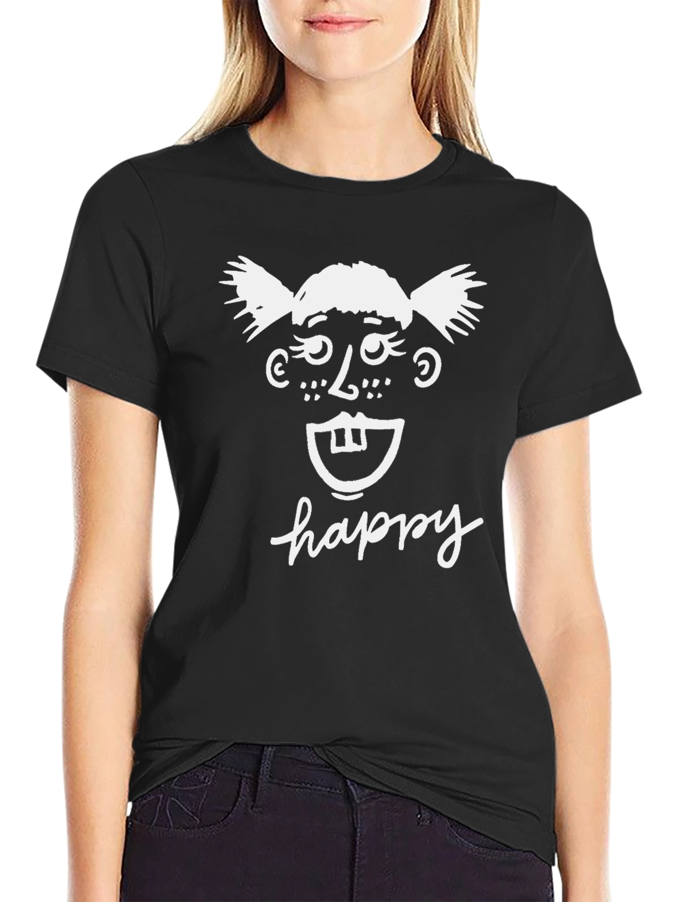 Black Happy Face Graphic Tee - Black Cotton T-Shirt view 2