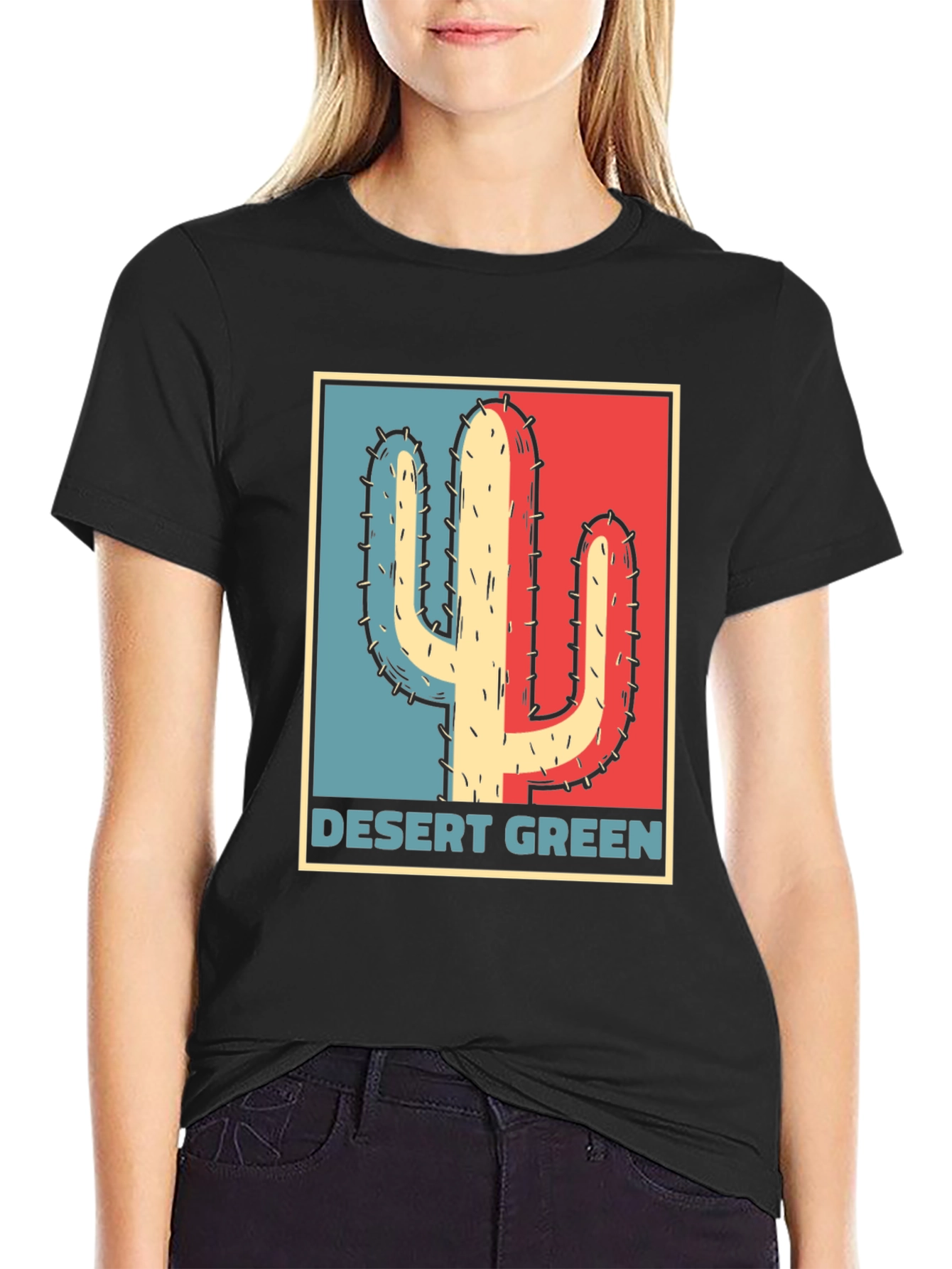 Black Desert Green Cactus T-Shirt - Retro Graphic Tee view 2