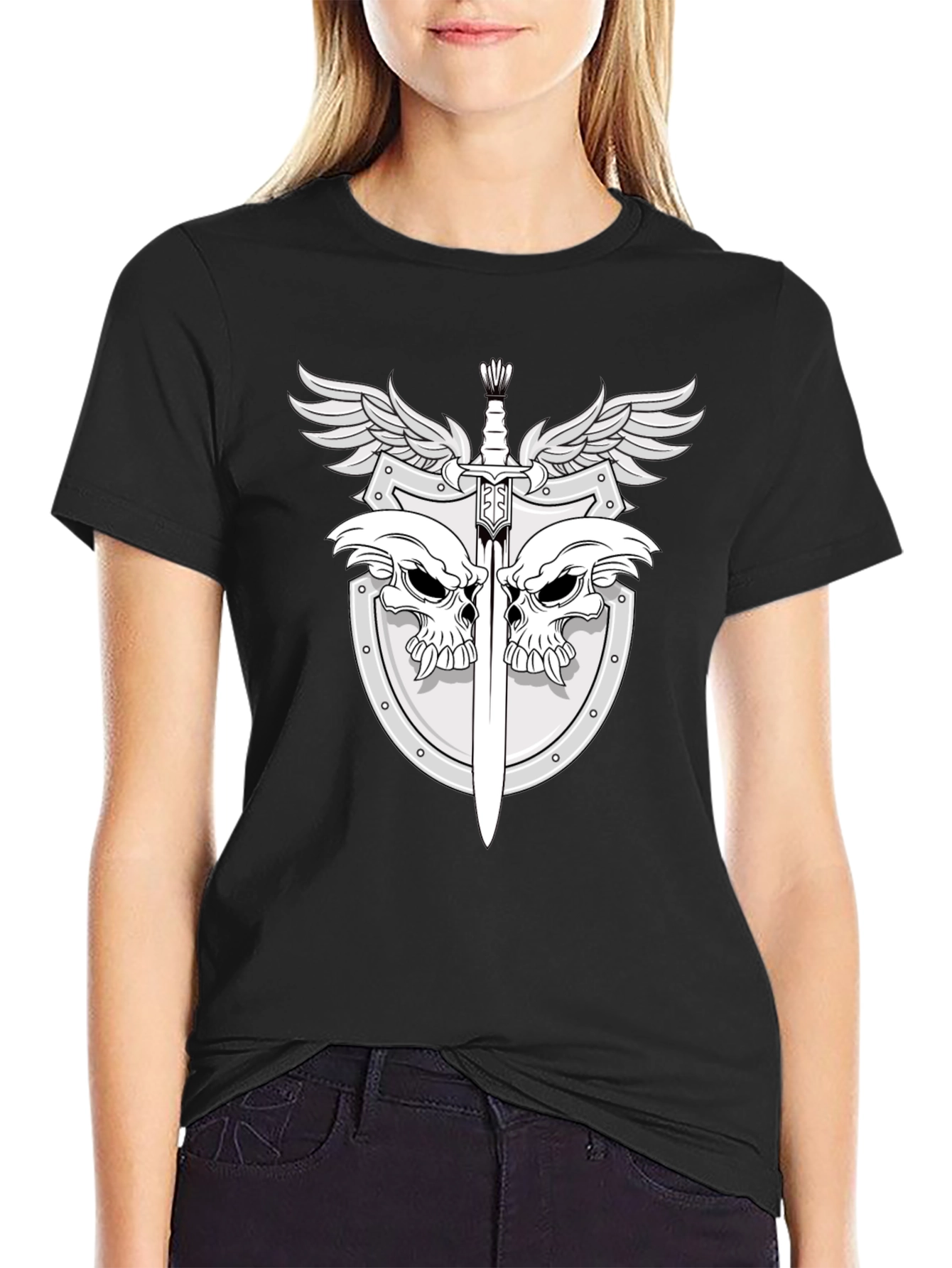 Black Skull & Sword Shield Graphic Tee - Black view 2