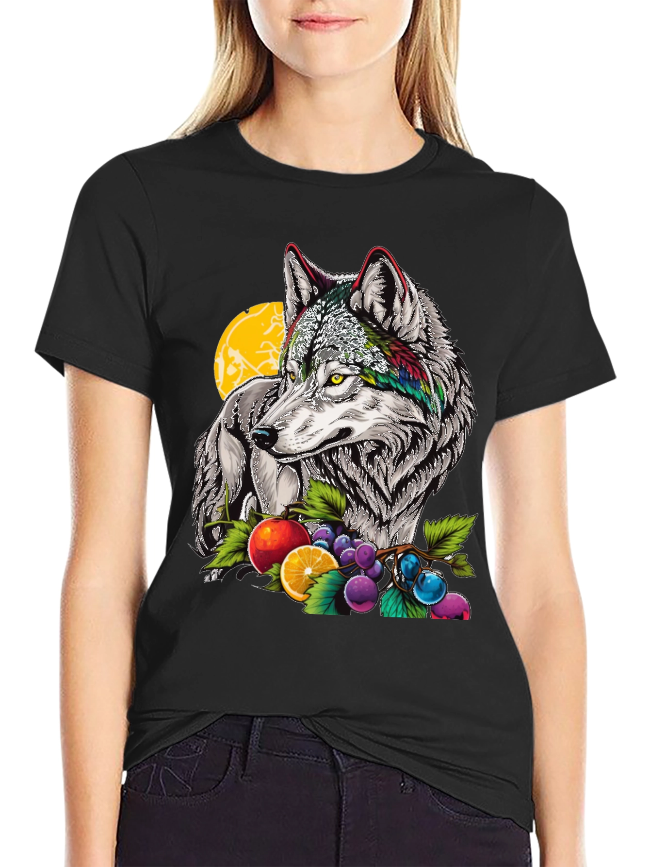 Black Wolf & Fruit Graphic Print T-Shirt - Black view 2
