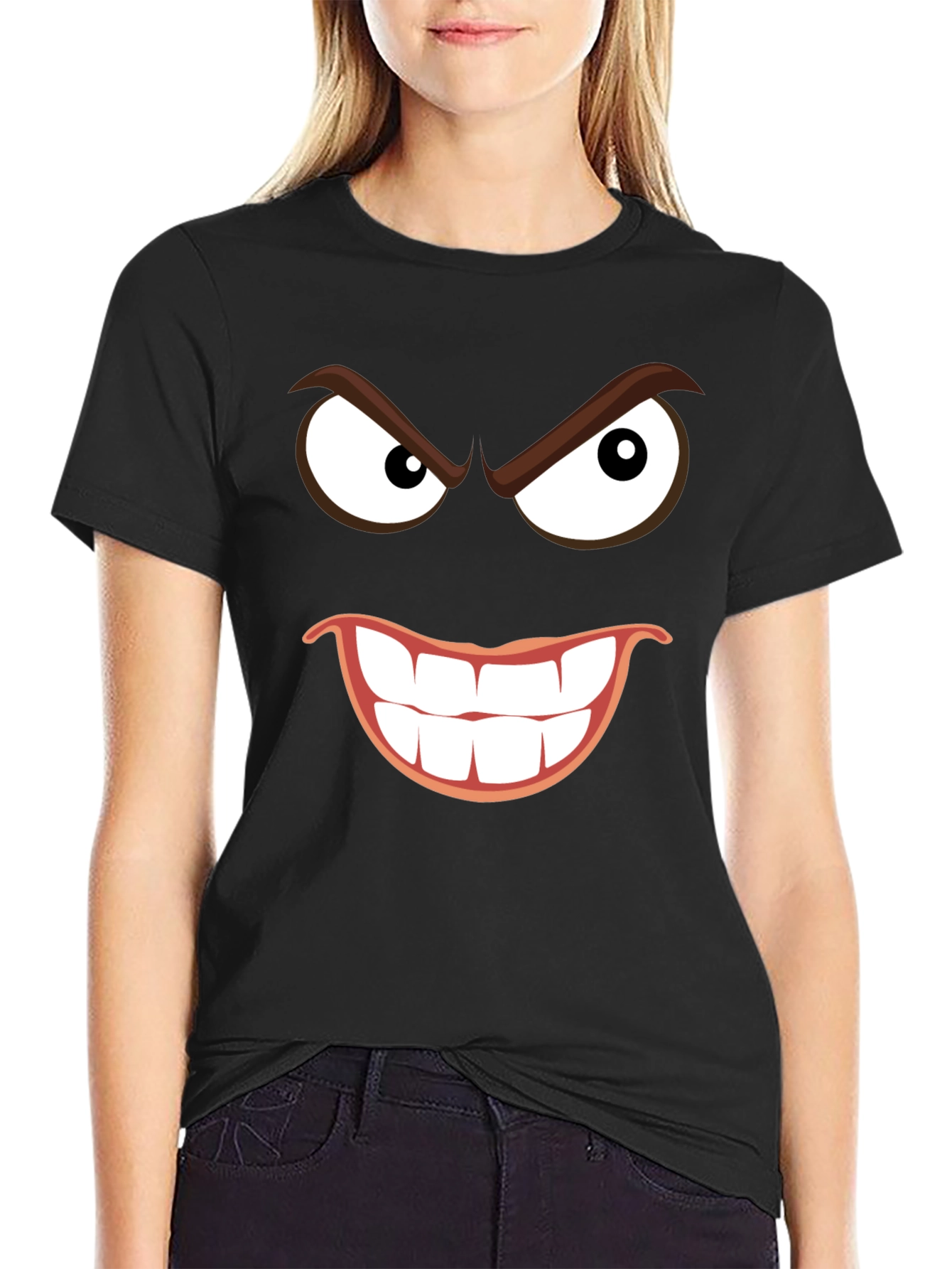 Black Men's Black T-Shirt with Grinning Cartoon Face view 2