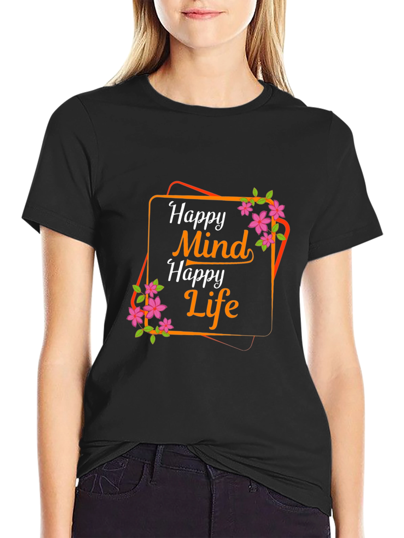 Black Happy Mind Happy Life Graphic Tee view 2