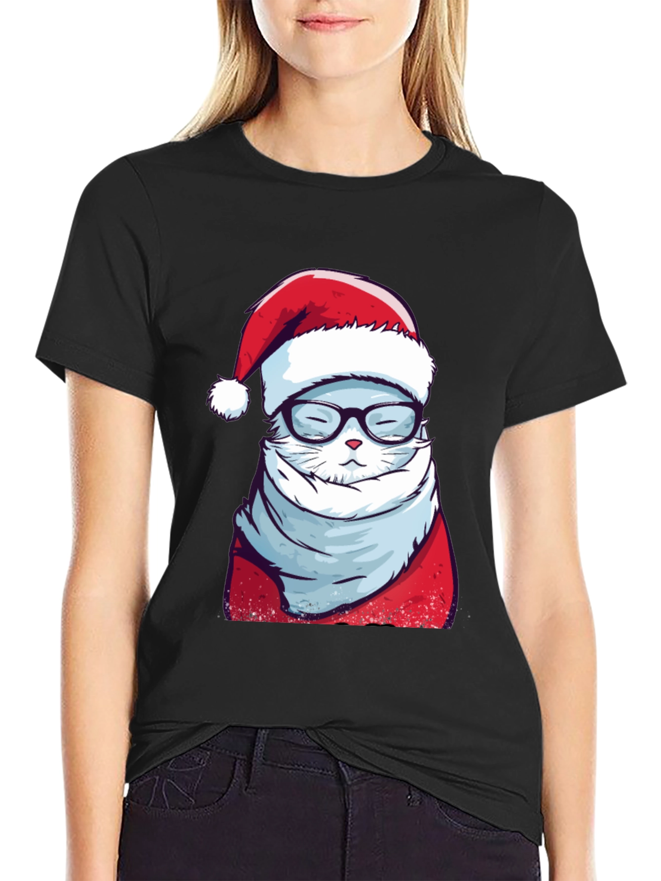 Black Holiday Cat T-Shirt: Santa Hat & Glasses view 2