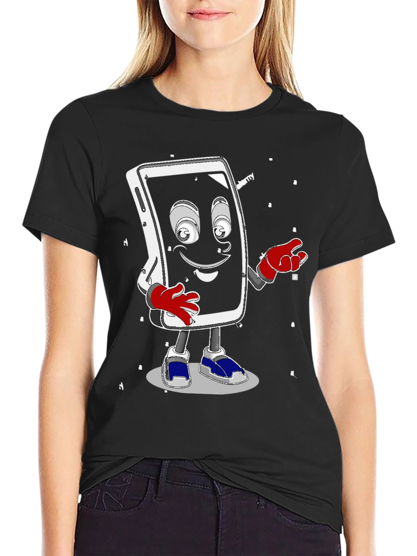 Black Funny Smartphone Character Graphic T-Shirt view 2