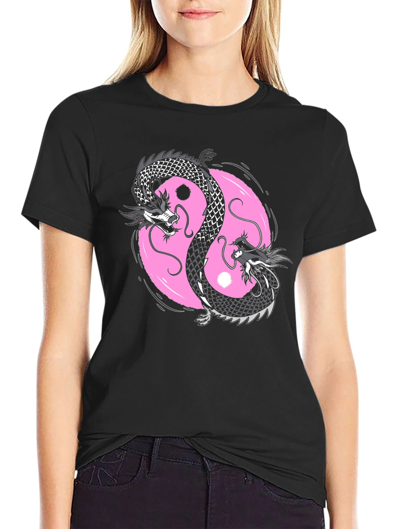 Black Yin Yang Dragon Graphic Tee - Black Cotton Blend view 2