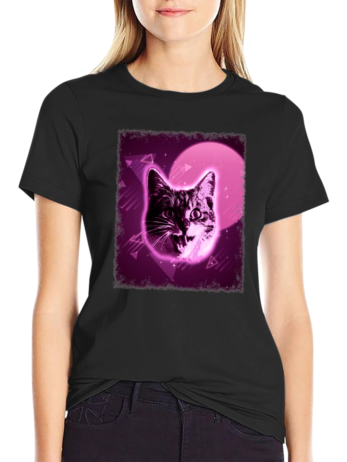 Black Retro Cat Graphic Tee - Vaporwave Style view 2