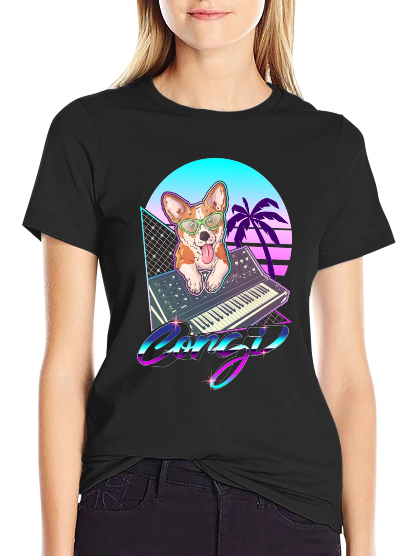 Black Retro Corgi Synthwave Graphic T-Shirt view 2