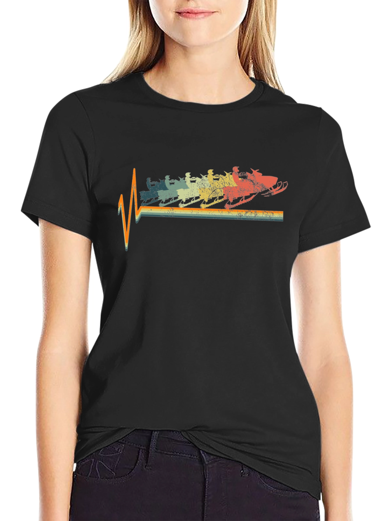 Black Retro Snowmobile Heartbeat T-Shirt view 2