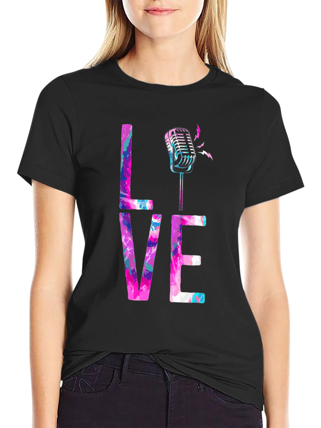 Black Colorful LOVE Microphone Graphic Tee view 2