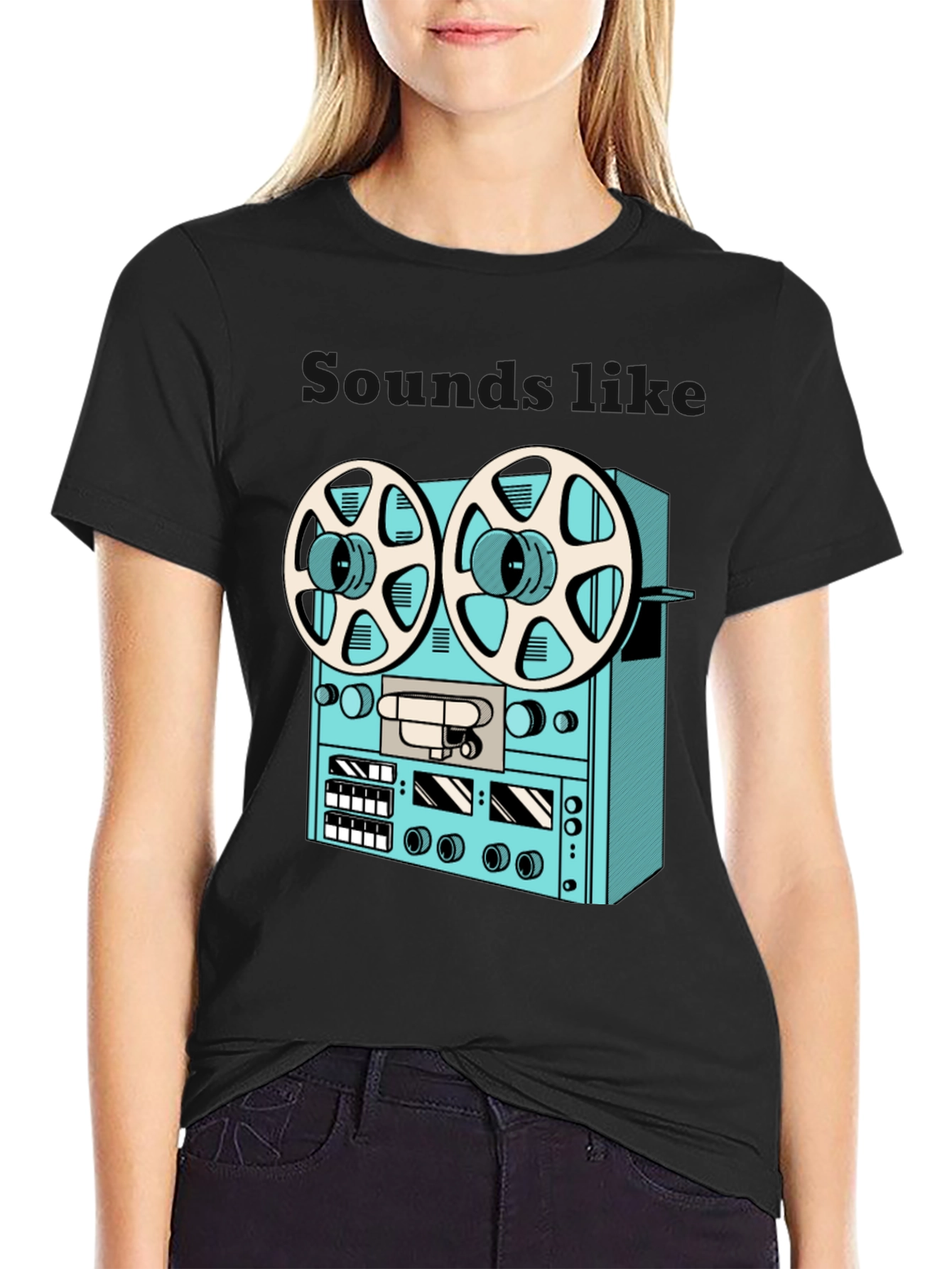 Black Vintage Reel-to-Reel T-Shirt - Retro Audio Style view 2