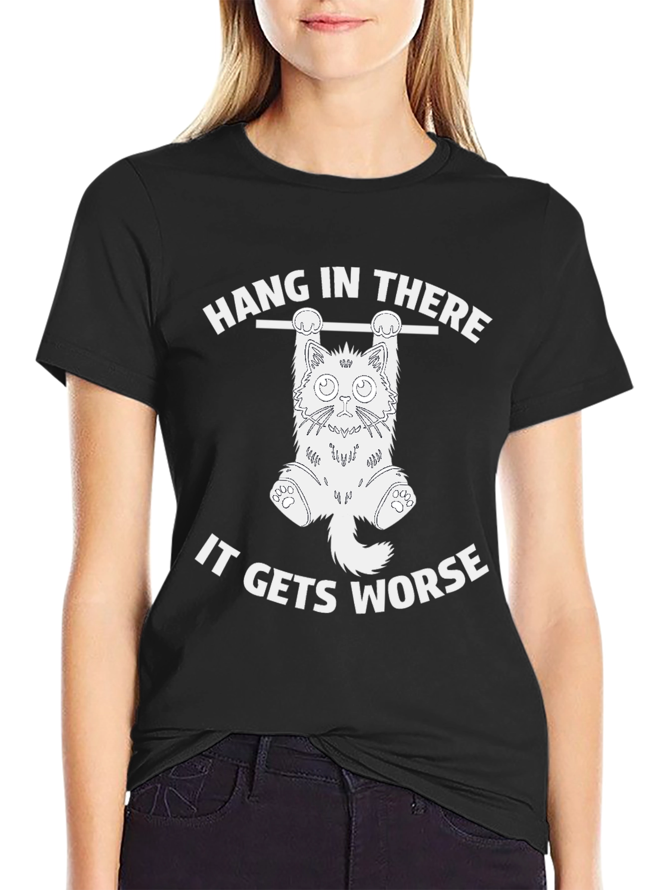 Black Hang In There Cat T-Shirt - Funny Graphic Tee view 2