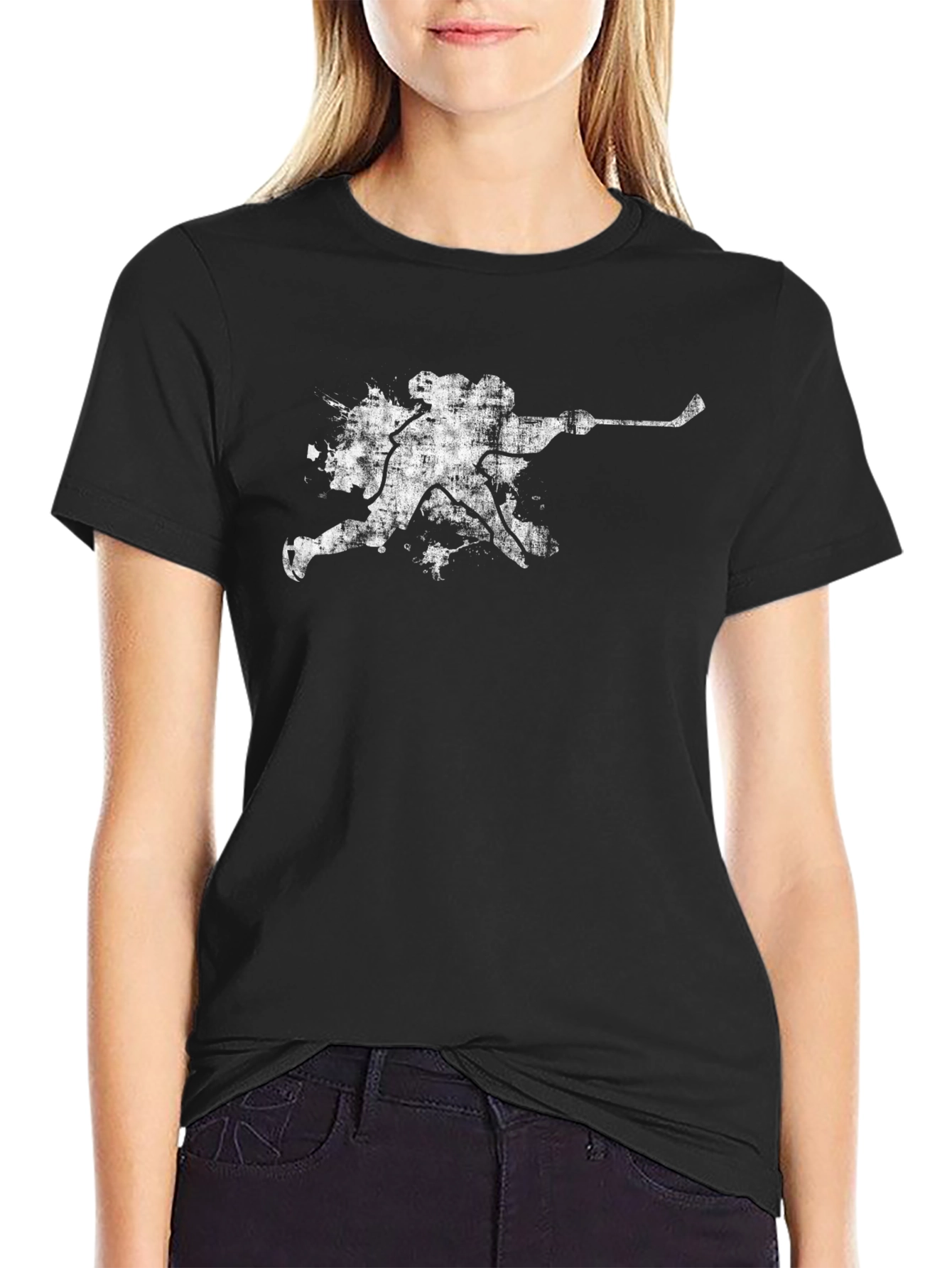 Black Grunge Hockey Player T-Shirt - Black view 2