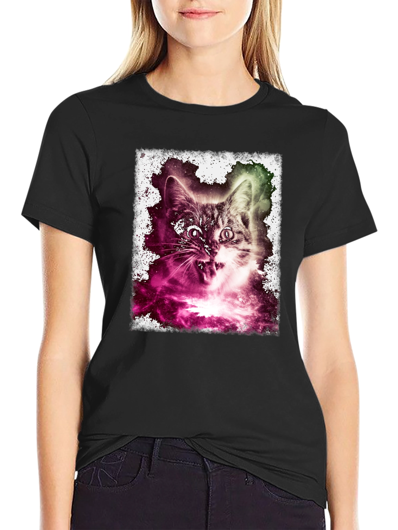 Black Galaxy Cat Graphic Tee - Men's Black T-Shirt view 2