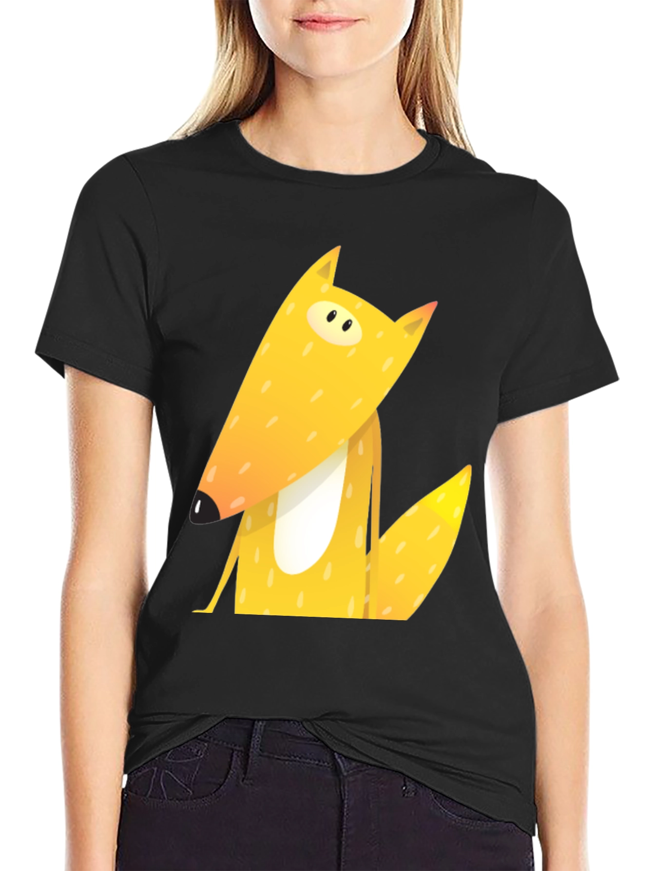Black Cartoon Fox Graphic Tee - Black Cotton T-Shirt view 2