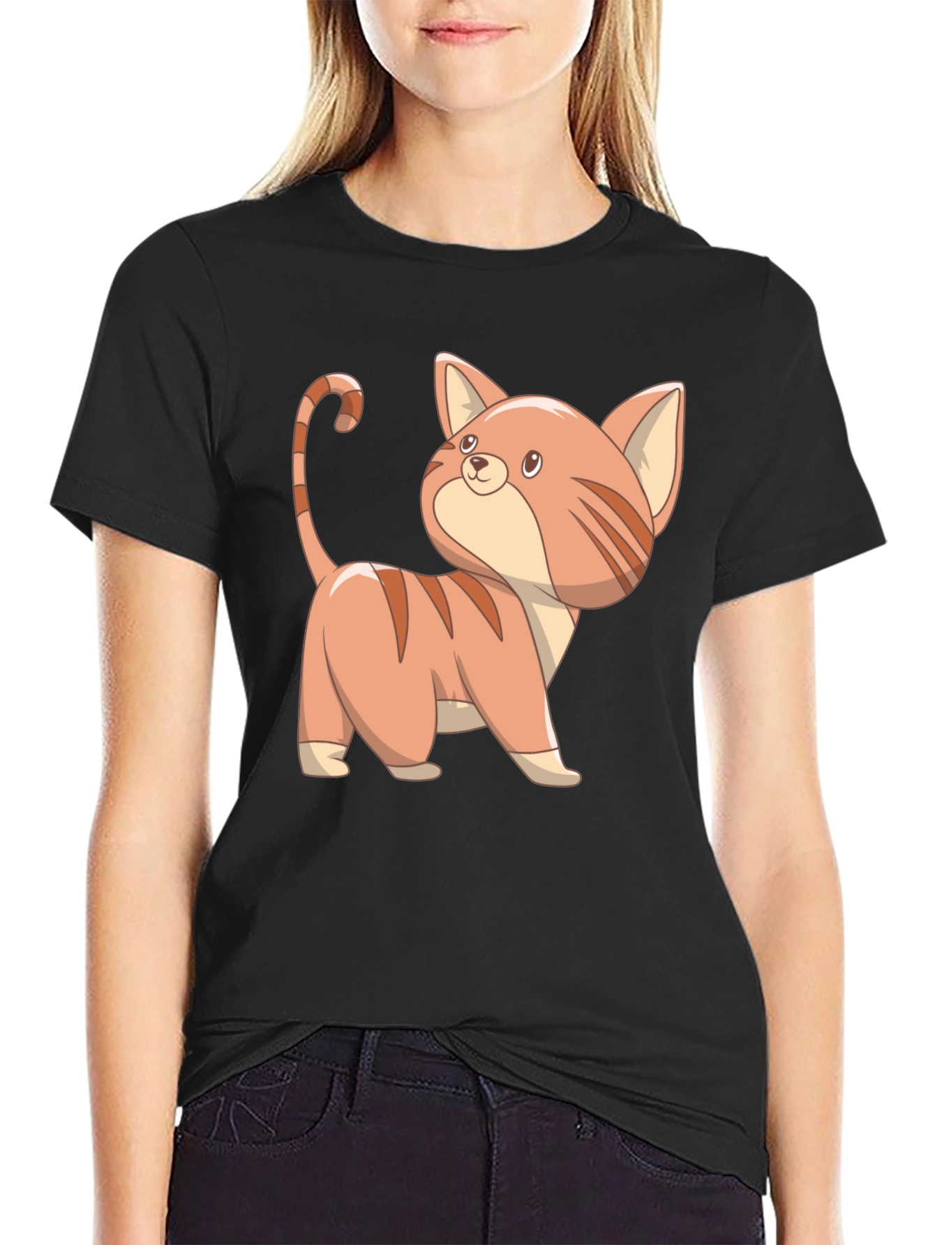 Black Cute Cartoon Cat Black T-Shirt view 2