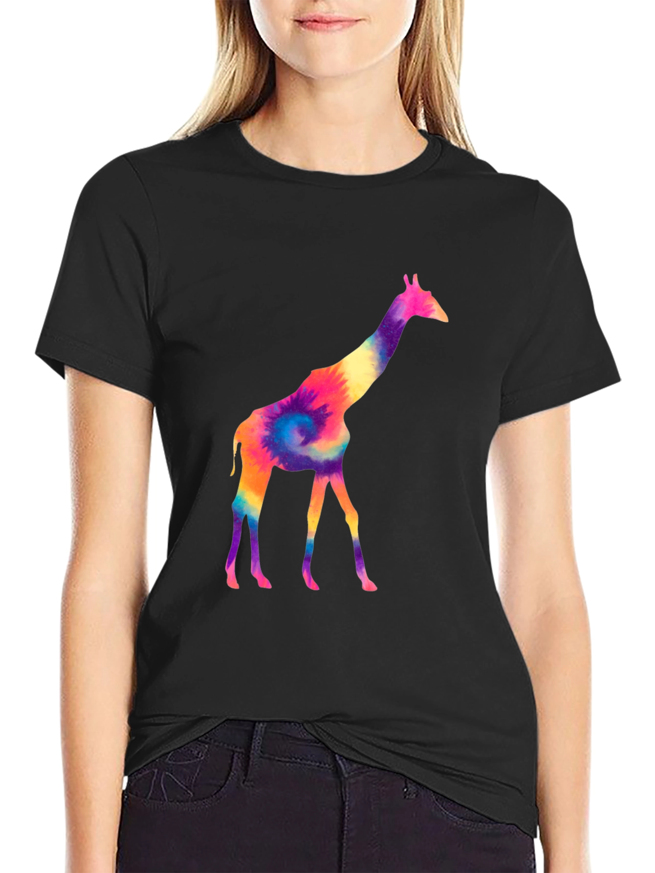 Black Colorful Giraffe Tie Dye Graphic Tee - Black view 2